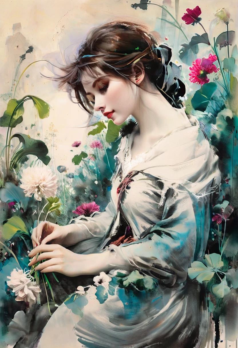 digital brushstrokes, a sense of depth and intrigue,
fluorescent skyline, neon cityscape in the background,
1939, illustration of a woman in a flower meadow among clovers, romantic illustration, high resolution, Wimmelbilder, official art
style of Bastien Lecouffe-Degarme, Carne Griffiths, E. Abramzon, Raphael, Caravaggio,