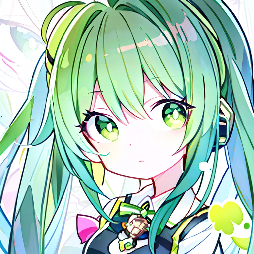 a close up of a cartoon girl with green hair and a green vest, anime moe art style, flat anime style shading, 2D anime style, iwakura lain, cute girl anime visual, anime style, 非常にかわいいanime girlの顔, cute anime face, ((green)), rei hiroe, with green hair, anime girl