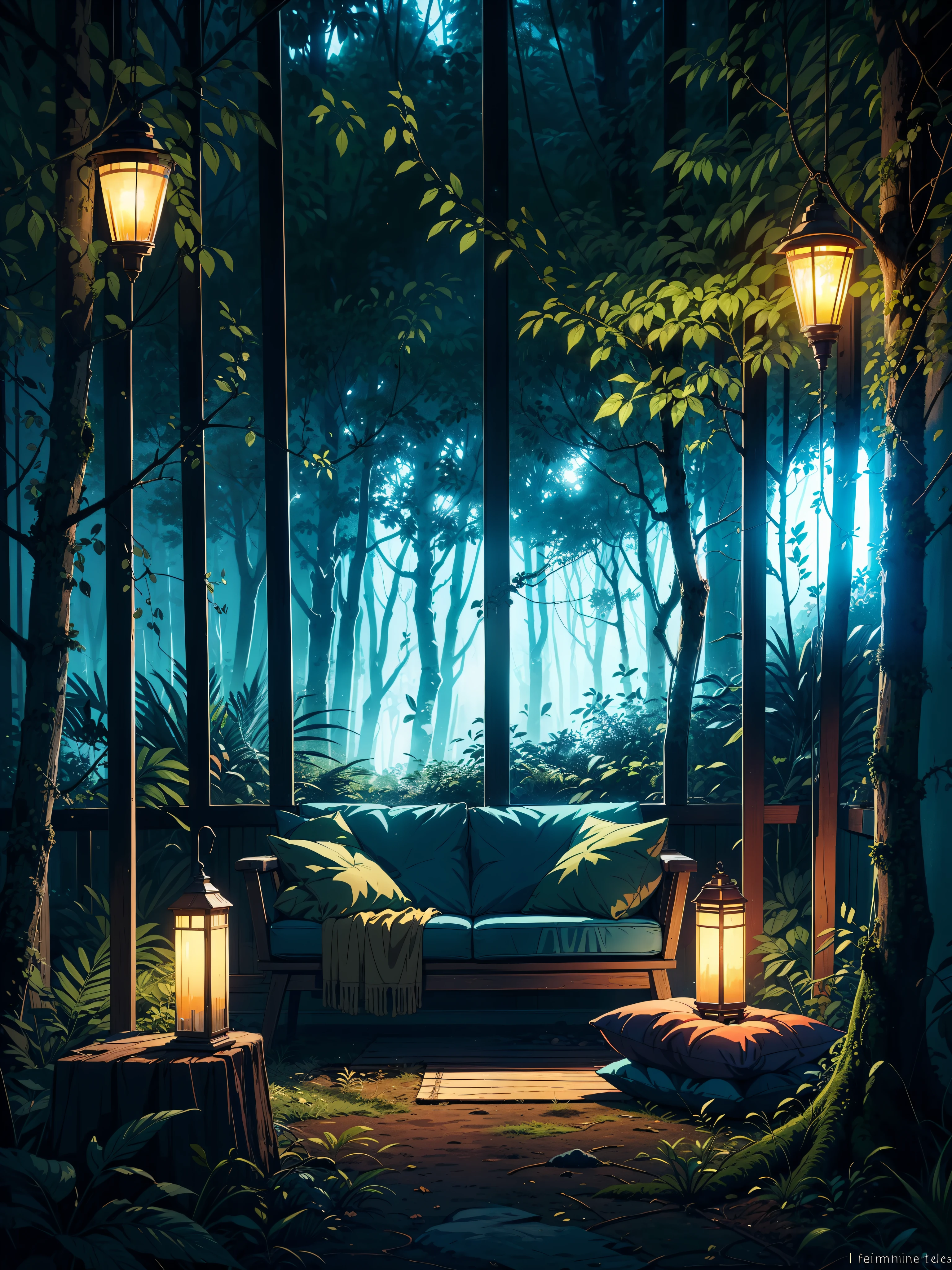 (masterpiece:1), (full anime view:1.5), (inside view of interior of a cozy stone cabin inside dense jungle:1.6), (fairylights:1.3), silence, (leafy stems hanging all around:1.4), (hangling dim lanterns:1.2), magnificent sky, (Dim volumetric light:1.4), peaceful, (beautiful sky), (green and blue tones:1.5), (lofi dim ambience :1.4), (forest with ancient trees visible from window: 1.4), (night scene:1.3), (beautiful aesthetics:1.2), (pillows on sofa:1.2), beautiful tones, subtle colors, peaceful, (illustration: 1.0), epic composition, realistic lighting, HD details, masterpiece, best quality, ,