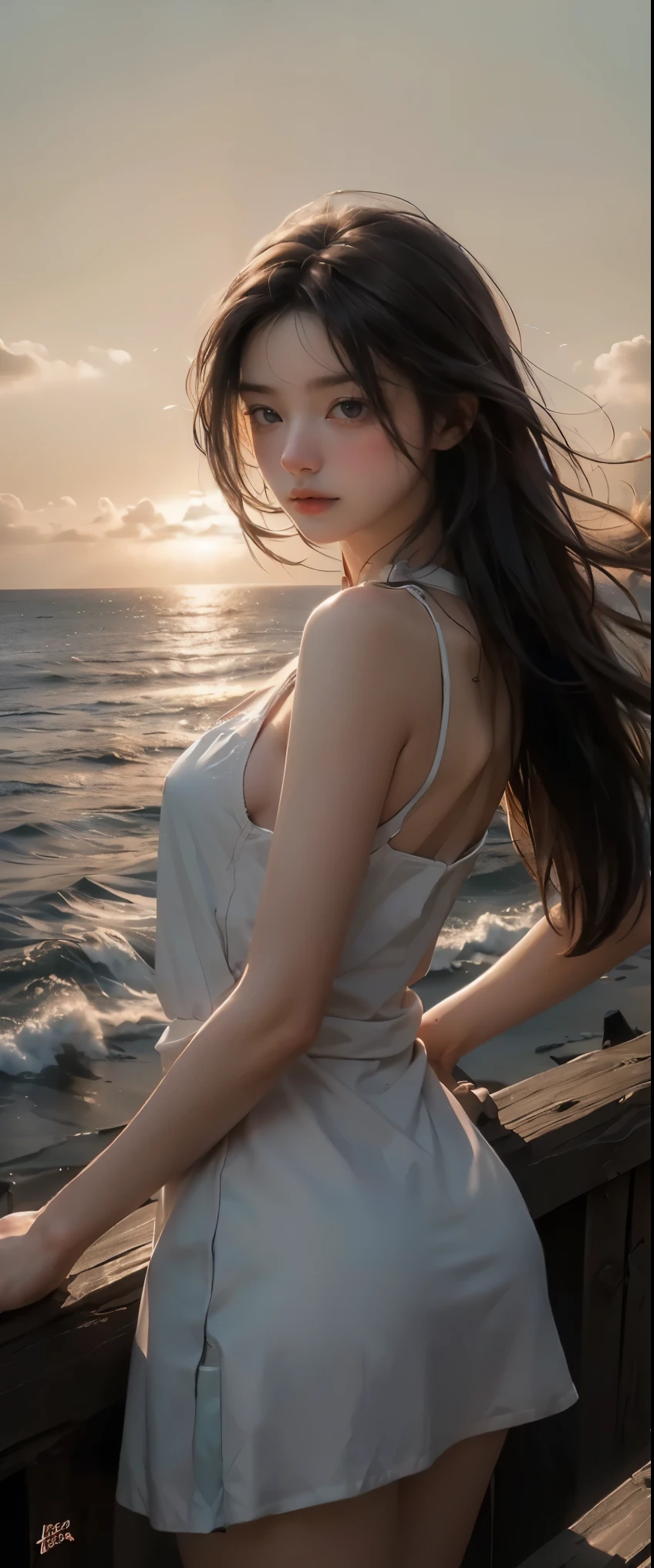 ((masterpiece, highest quality, Highest image quality, High resolution, photorealistic, Raw photo, 8K)), Looking out at the dark sea from the cape where the lighthouse stands, Sea of night,