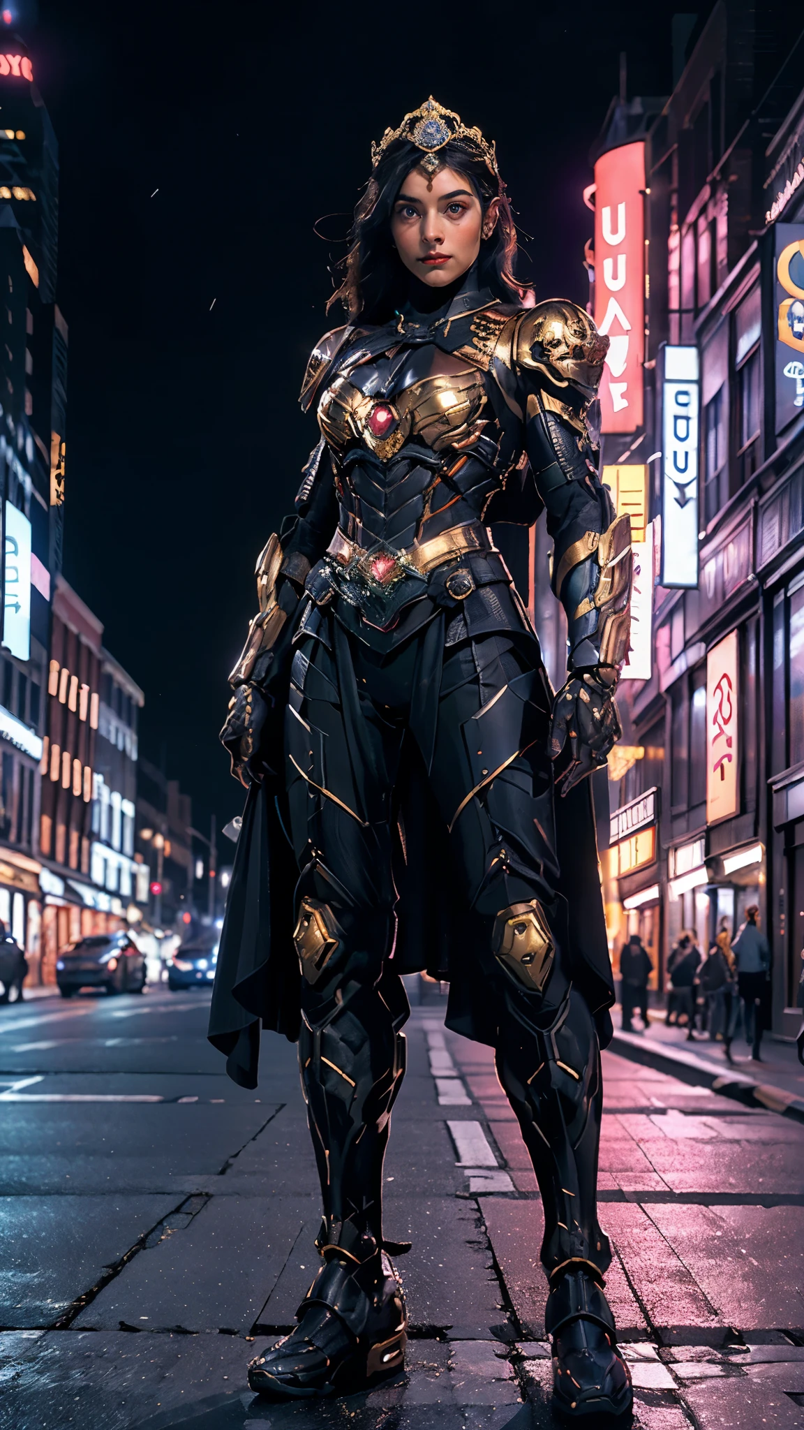 A woman adorned in fantasy-style full-body armor, a crown-concept fully enclosed helmet that unveils only her eyes, a composite layered chest plate, fully encompassing shoulder and hand guards, a lightweight waist armor, form-fitting shin guards, the overall design is heavy-duty yet flexible, ((the armor gleams with a blue glow, complemented by red and golden accents)), exhibiting a noble aura, she floats above the Futuristic city, this character embodies a finely crafted fantasy-surreal style armored hero in anime style, exquisite and mature manga art style, (Bat concept Armor, photorealistic:1.4, real texture material:1.2), ((city night view, European, elegant, goddess, femminine:1.5)), metallic, high definition, best quality, highres, ultra-detailed, ultra-fine painting, extremely delicate, professional, anatomically correct, symmetrical face, extremely detailed eyes and face, high quality eyes, creativity, RAW photo, UHD, 32k, Natural light, cinematic lighting, masterpiece-anatomy-perfect, masterpiece:1.5