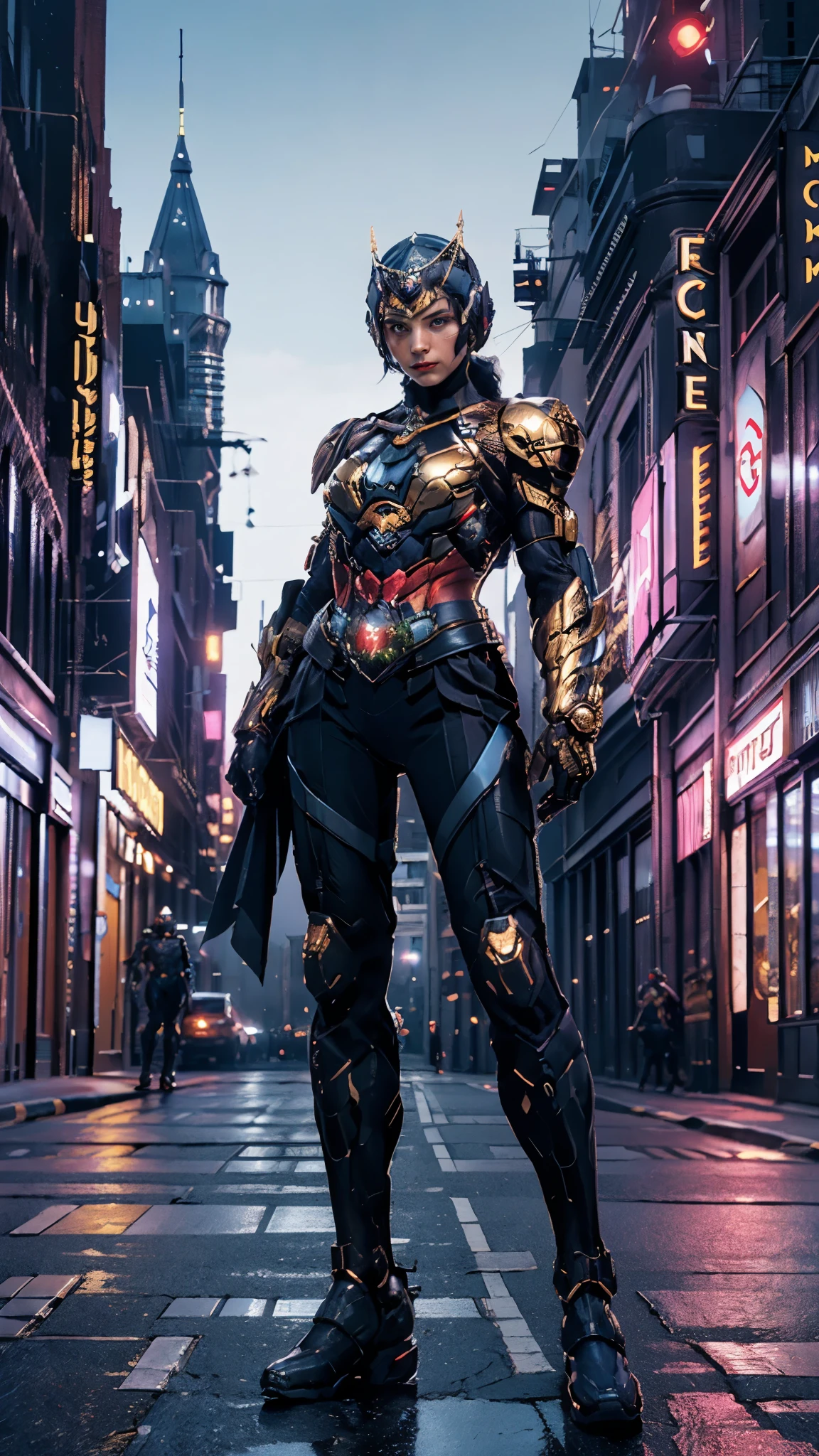 A woman adorned in fantasy-style full-body armor, a crown-concept fully enclosed helmet that unveils only her eyes, a composite layered chest plate, fully encompassing shoulder and hand guards, a lightweight waist armor, form-fitting shin guards, the overall design is heavy-duty yet flexible, ((the armor gleams with a blue glow, complemented by red and golden accents)), exhibiting a noble aura, she floats above the Futuristic city, this character embodies a finely crafted fantasy-surreal style armored hero in anime style, exquisite and mature manga art style, (Bat concept Armor, photorealistic:1.4, real texture material:1.2), ((city night view, European, elegant, goddess, femminine:1.5)), metallic, high definition, best quality, highres, ultra-detailed, ultra-fine painting, extremely delicate, professional, anatomically correct, symmetrical face, extremely detailed eyes and face, high quality eyes, creativity, RAW photo, UHD, 32k, Natural light, cinematic lighting, masterpiece-anatomy-perfect, masterpiece:1.5
