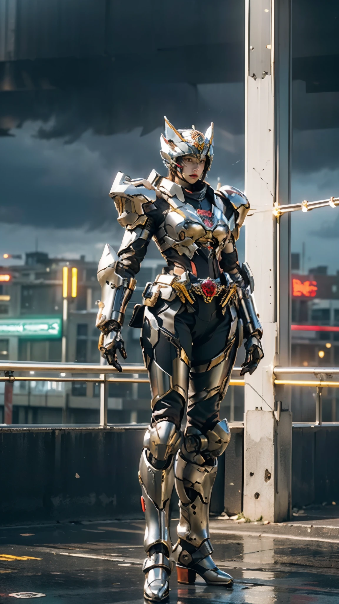A woman adorned in fantasy-style full-body armor, a crown-concept fully enclosed helmet that unveils only her eyes, a composite layered chest plate, fully encompassing shoulder and hand guards, a lightweight waist armor, form-fitting shin guards, the overall design is heavy-duty yet flexible, ((the armor gleams with a silver glow, complemented by red and white accents)), exhibiting a noble aura, she floats above the Futuristic city, this character embodies a finely crafted fantasy-surreal style armored hero in anime style, exquisite and mature manga art style, (Wolf concept Armor, photorealistic:1.4, real texture material:1.2), ((city night view, European, elegant, goddess, femminine:1.5)), metallic, high definition, best quality, highres, ultra-detailed, ultra-fine painting, extremely delicate, professional, anatomically correct, symmetrical face, extremely detailed eyes and face, high quality eyes, creativity, RAW photo, UHD, 32k, Natural light, cinematic lighting, masterpiece-anatomy-perfect, masterpiece:1.5