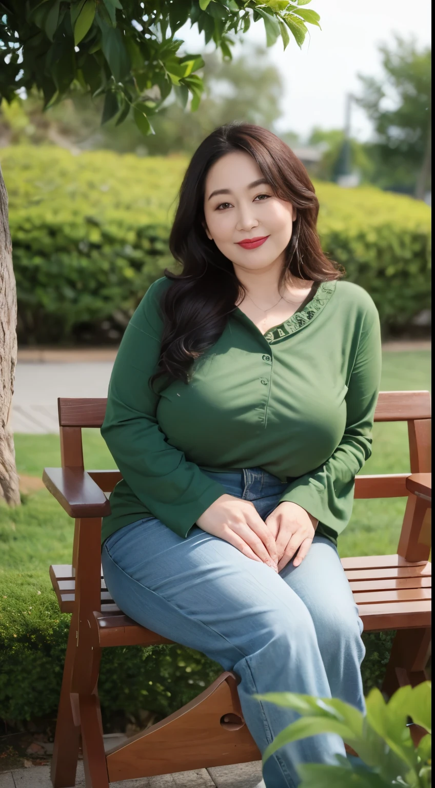 ((top quality、8k、masterpiece:1.3))、sharp focus, High level of image quality, high resolution,,green shirt,black tie,floral jeans,37-year-old woman with long wavy hair,Mature,charming smile,Draw lips correctly, red lipstick,stand,Slightly fat,Big breasts,garden background,full-body shot
