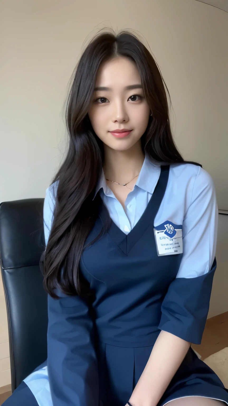 ((top-quality、8k、masterpiece:1.3))、Beautiful woman with perfect body:1.4、slim abdomen:1.2、Longhair, normal breast, Highly detailed facial and skin texture, A detailed eye, delicate eyes, double eyelid, (smile), (full body shot), ((office)), (sitting on chair), ((wearing blue uniform 1.2)), looking in front