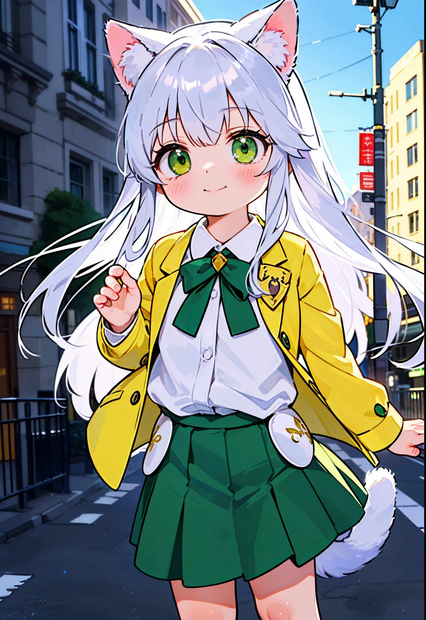 index, index, (green eyes:1.5), silver hair, long hair, (flat chest:1.2),smile,animal ears 　Cat ear,animal tail　cat tail,White Y-shirt,ribbon,yellow blazer,blue pleated skirt,short white socks,brown loafers,city,building street,
break looking at viewer, Upper body, whole body,
break outdoors, city,
break (masterpiece:1.2), highest quality, High resolution, unity 8k wallpaper, (figure:0.8), (beautiful deしっぽed eyes:1.6), extremely deしっぽed face, perfect lighting, extremely deしっぽed CG, (perfect hands, perfect anatomy),