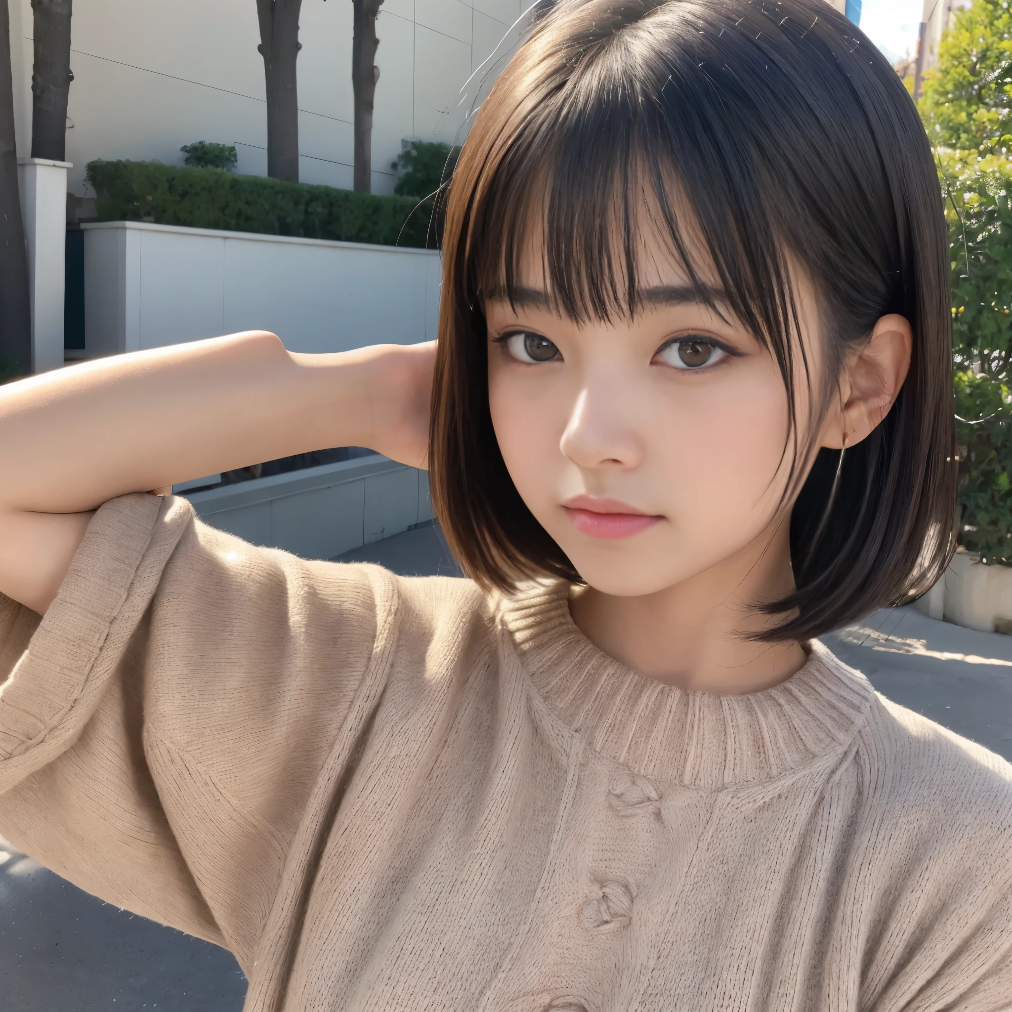 ((highest quality, masterpiece, ultra high resolution, (realistic:1.4), Raw photo, very detailed, perfect anatomy)), 1 girl, , most popular japanese idols, Very cute face like the most famous Japanese idol, very beautiful big black firm eyes, very beautiful black hair shortcut, very beautiful lips, very beautiful long eyelashes, (very beautiful real skin, wearing only loose sweaters, portrait, selfie
