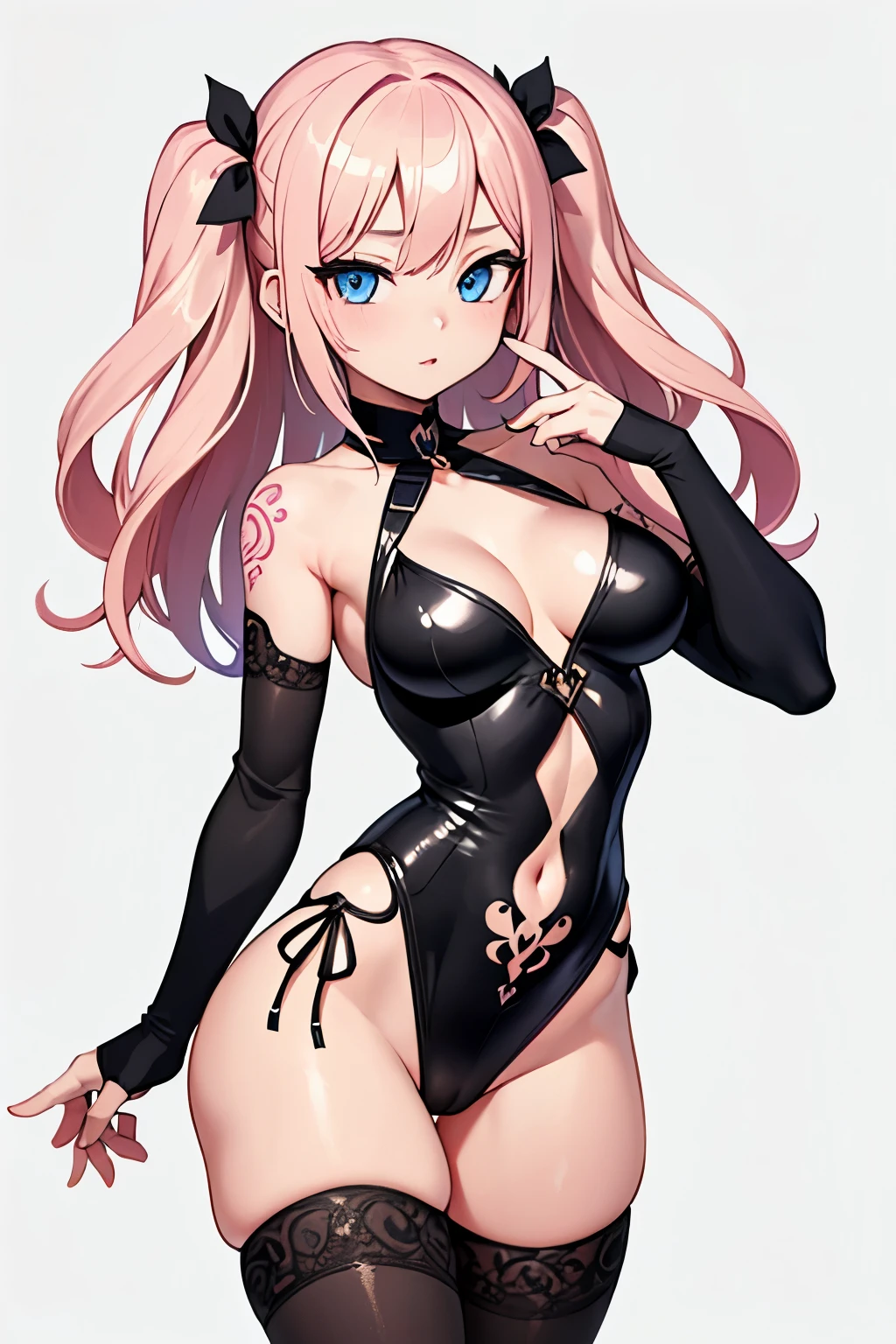 1girl, anime, cute girl, blank background, white background, fantasy, detailed fantasy dress with highlights, beautiful face, beautiful eyes, dark colors, pink hair with some streaks of blue strands, different color pupil in eye, medium small breasts (slightly big), slight cleavage, beautiful skin, cute, breast curtains, extremely delicate and beautiful, (beautiful detailed face:1.0), (detailed deep eyes), symmetrical breasts, deep eyes, shiny skin, portrait, slender waist, hips wider than shoulders, thighs, expressionless, young girl, luminous eyes, adorable,(Kpop idol),(aegyo sal:1),(Platinum blonde hair:1),((puffy eye)),Black panty,sexy posture,Superskirt, ultra high resolution,Black collar,slim figure, Abdominal y tattoo, womb tattoo,Tight-fitting leg ring,y tattoo on half-body,Bare skin, Armored hand,Hidden fingertips,Hand covered,Arm covered,Fist covered,{{beautiful detailed fingers}}, tufts of hair, moderate beautiful breast:1.0,