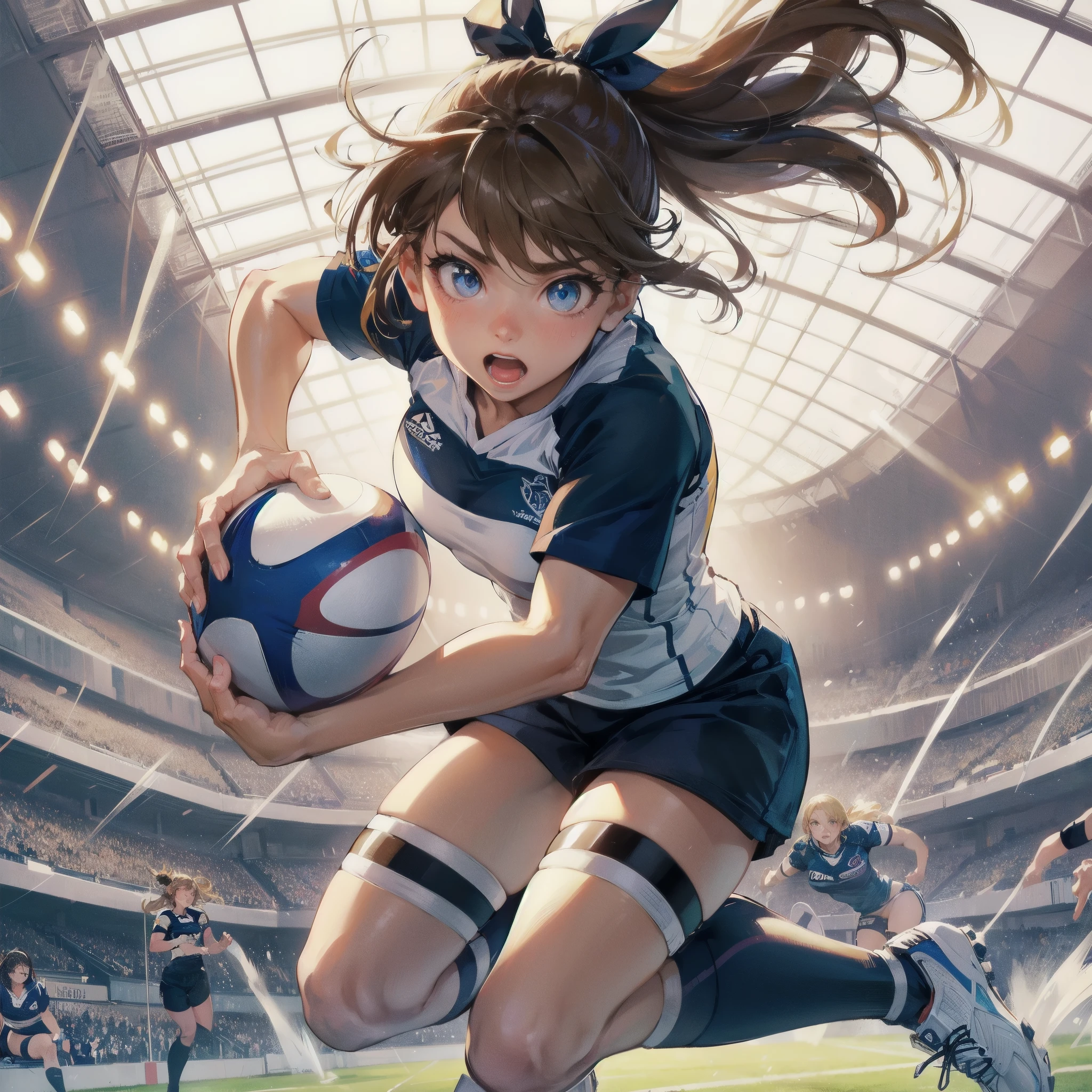 high quality,HD,16k,sharp lines,1 girl,Female rugby athlete ,cute face, large breasts, nice legs,At the rugby venue,focus girl,detailed beautiful face,detailed clothes,beautiful eyes,cool,dynamic angle