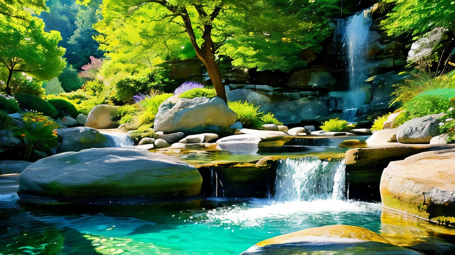Crystal-clear mountain springs cascade down rocky cliffs, shimmering in the sunlight like liquid diamonds. The pure, refreshing water flows effortlessly over smooth stones, creating a soothing symphony of sound. This vivid painting captures the essence of nature's pristine beauty, with each detail carefully rendered in exquisite clarity. The lush greenery surrounding the springs adds a vibrant contrast to the sparkling, crystal-clear water, inviting viewers to immerse themselves in this tranquil and enchanting scene.
