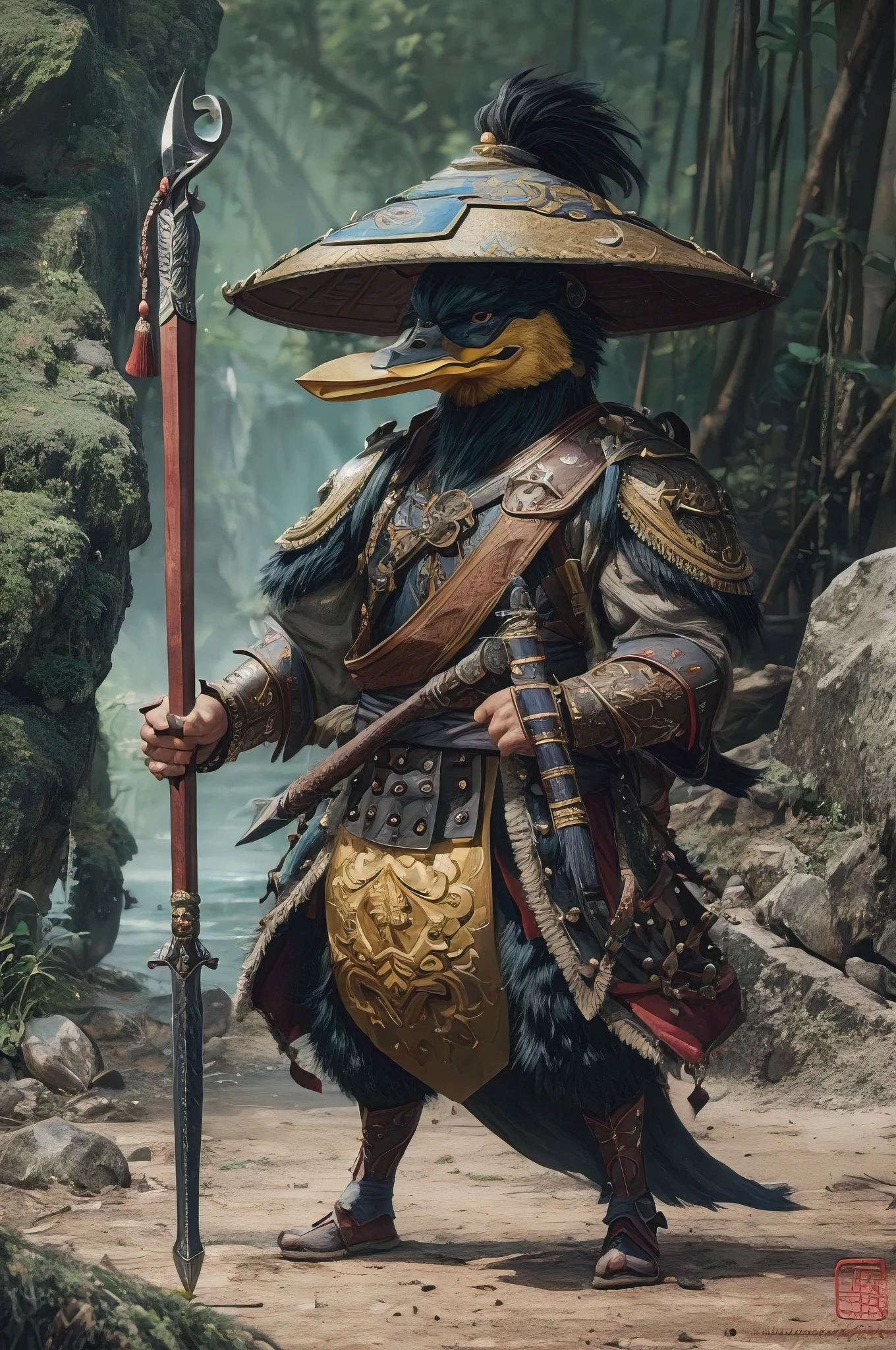 (best quality, masterpiece:1.2), Chinese fantasy human-duck colourful fighter, with a long halberd, a Fang Tian Ji, and studded leather armour wearing a wide brimmed travelling hat with a top-knot of black hair, perfect illustration, 8k, uhd, pbr, hdr