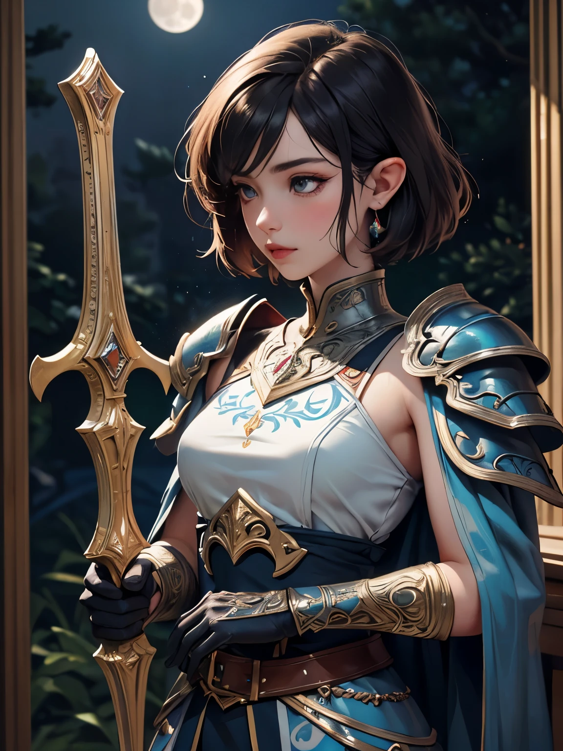 (((Best Quality))), ((Ultra-detailed)), (extremely detailed photo), ((extremely delicate and beautiful)),(Cute delicate face), ((masterpiece)), perfect anatomy, intricate, (highly detailed), masterpiece, photorealistic,A 17 years old dignified girl,(blue and black sexy armor), (upper body),(Background of Hyrule Castle),((Crimson full moon night)),(holding Link's Master Sword),tall girl,black hair,alone,short hair, double eyelid,delicate skin,slender body shape