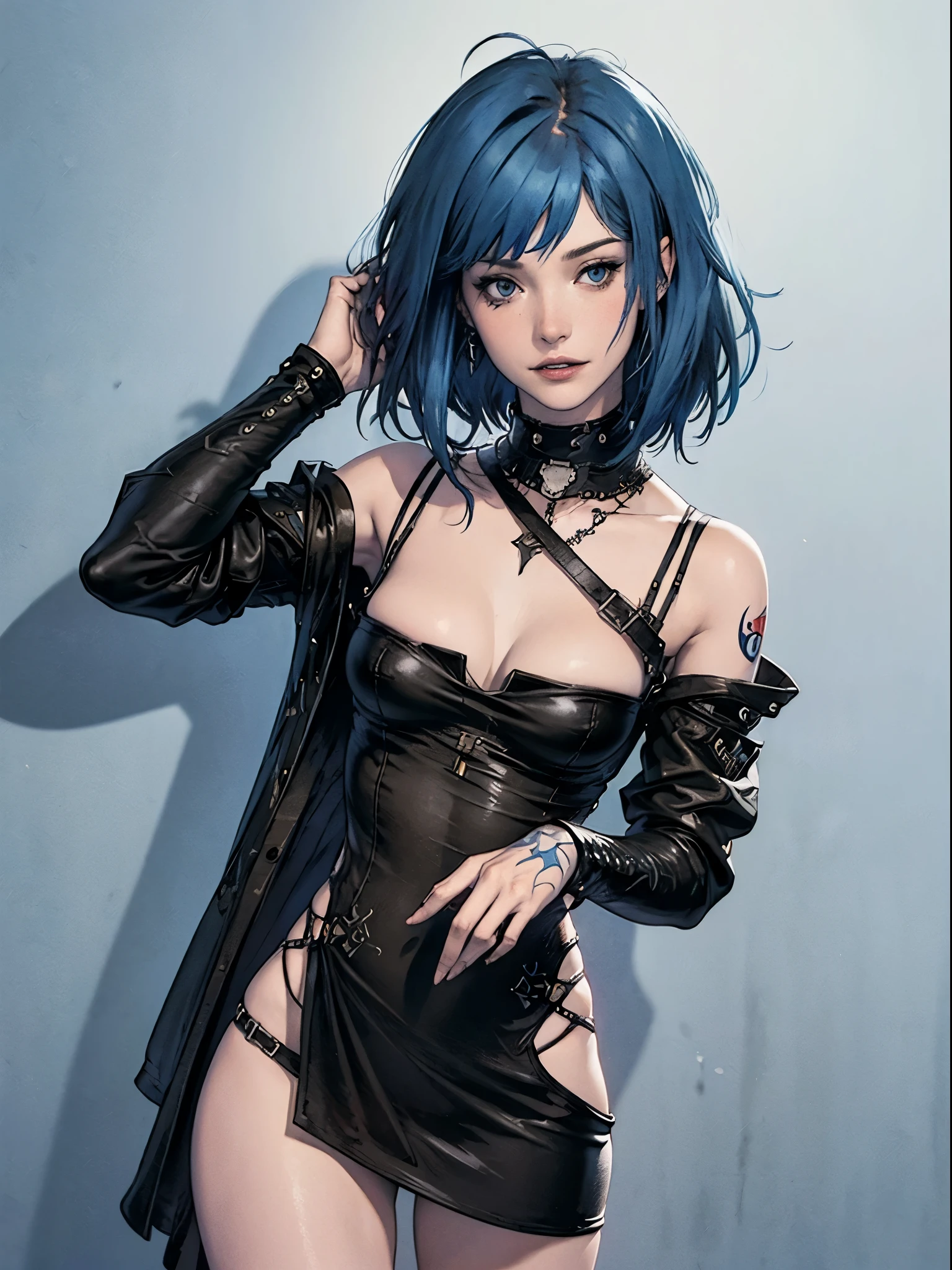 ((top-quality、8K、32K、masterpiece、nffsw:1.3)), (superfine illustration)、(超A high resolution), (((elegant makeup))), (((1girl in))), (((long bob haircut ))), 25-year-old cyberpunk girl with a perfect body, Shoulder pads with metal spines, Gladiadores in Brooklyn, ((perfect body, )), Small leather panties, Torn shirt, Almost naked in Simon Bisley's urban savage style, short bluehair, Minimum clothing, Metal protection on the left arm with complex graphics, Dark red with white stars and blue and white stripes, s Armor, Full of tips and rivets, Poison tattoo (((From the knee up))), short dark blue hair, In the background、 There is a wall with an intricate design painted by Shepard Fairey, bella thorne