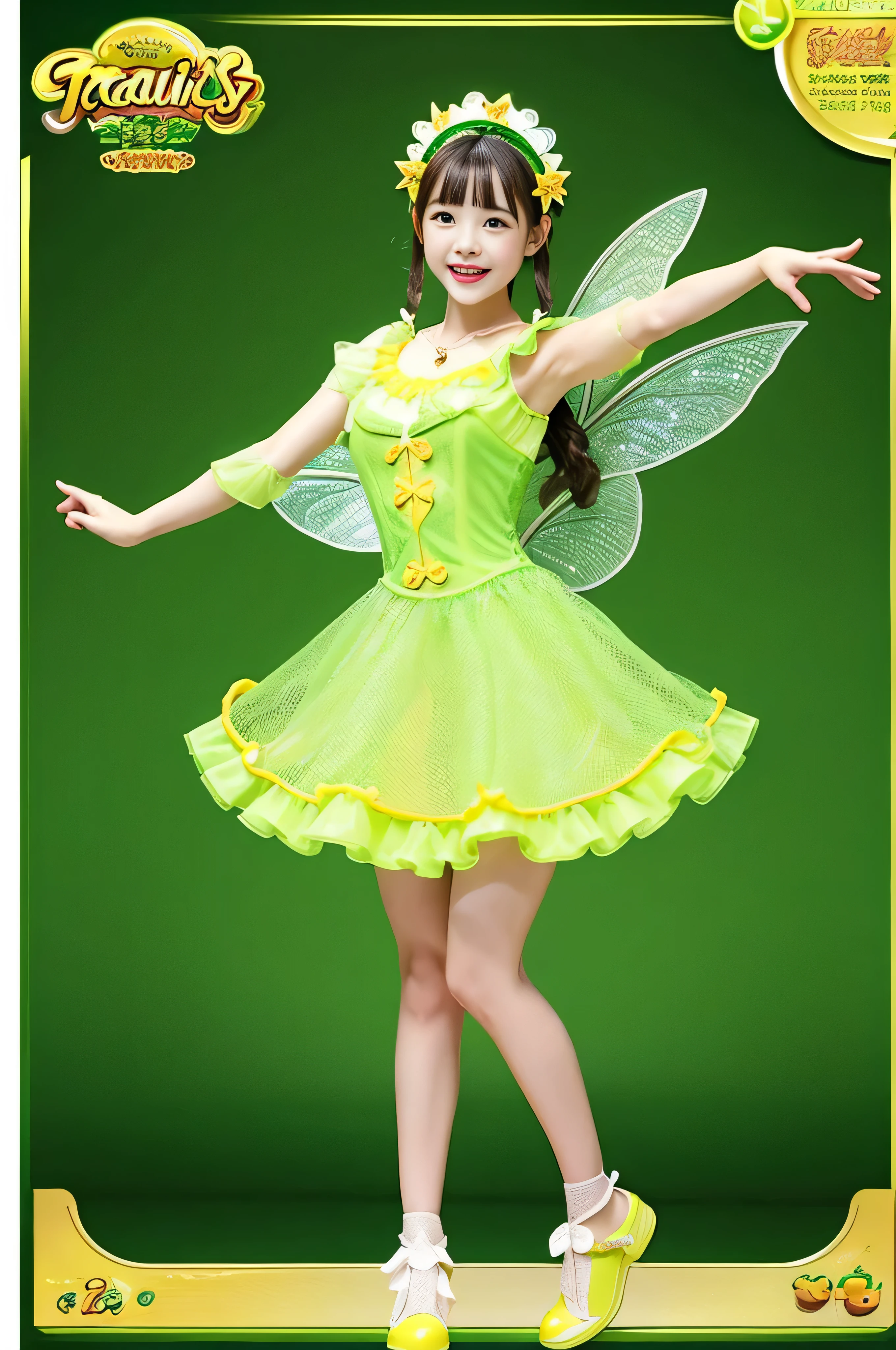 Cute fairy of a beautiful girl wearing a count&#39;s head&#39;The flesh is green、A melon with a fine mesh pattern on the skin.、Full body pose wearing an earl&#39;s dress&#39;A melon design that jumps with a cheerful smile。The beautiful girl fairy that is generated is、、Describe the whole body so that it does not protrude from the screen。