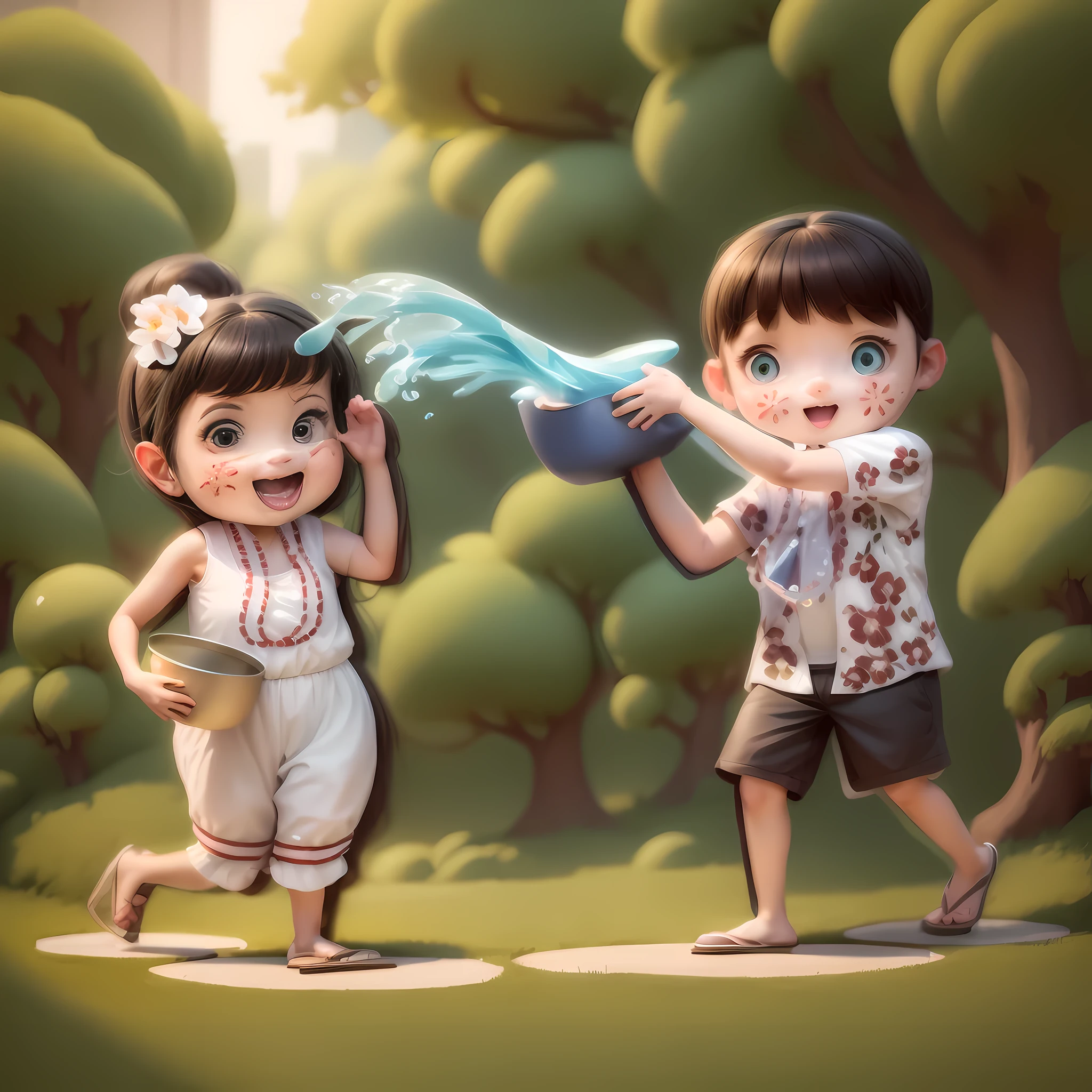 cartoon boy and girl playing with water in a bucket, children illustration, hd illustration, boy girl traditional romance, kid, boy and girl, cartoon illustration, illustration for children, playing with the water, cartoon style illustration, splashing, a beautiful artwork illustration, thailand art, there is water splash, colored illustration, children\'s illustration, childrens illustration, colorfull illustration