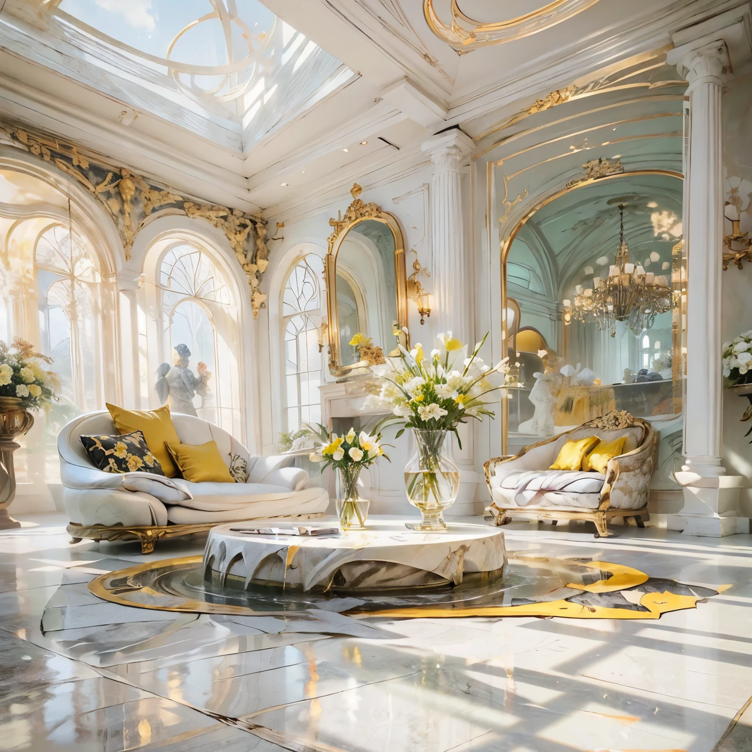 Megapoliodern interior, large hall-living room, Art Nouveau style - masterpiece, Best quality, (Modern), (surrealism: 1.3)). (A lot of fresh flowers, in simple glass vases, of different shapes, decorated with lilies in glass vases, a lot , stunning view of flowers). Best quality, ((masterpiece: 1.2), (realism: 1.2), (Best quality), (special attention to detail, flowers, room elements: 1.3)). (Sunny day, large white room - hall, studio, style, modern modern). (Open windows, full wall, exquisite design, in light colors, (predominant: white, green with yellow stripes, gold). (High light ceiling). ((realistic 3D visualization, super detail, ray tracing, flooded sunlight, contrasting shadows - cold tone, warm soft light)).Modern style (modern), (High-Tech), (surrealism: 1.3), Excellent, high quality. Hand-drawn realism.