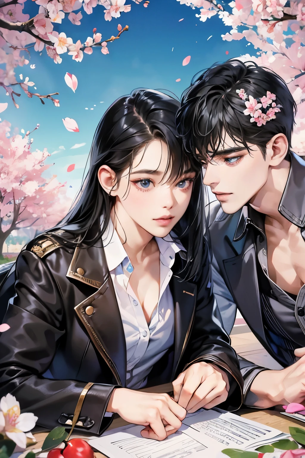 (table top, digital art, digital illustration, 4k, 8k, Super detailed, beautiful images, clear image, realistic, RAW photo, perfect face, perfect lines, perfect eyes, soft lighting) ,1 female, (long black hair,straight hair,bullish look,Beautiful woman,small breastake up well,23 years old,:1.3),Two handsome men in suits, (human,muscular,solid shoulder width, human,boyish hairstyle,English gentleman'Style,A man in his 30s with a cool expression,28 year old man with a bright 笑顔:1.2),Show your white teeth and 笑顔(embarrassing,shy smile:1.1),garden full of light、Squirting、resort sofa、colorful flowers、couple、coupleキス、romance porn、lie down、ハグし合うcouple、look at each other、cherry blossoms、Cherry-blossom viewing