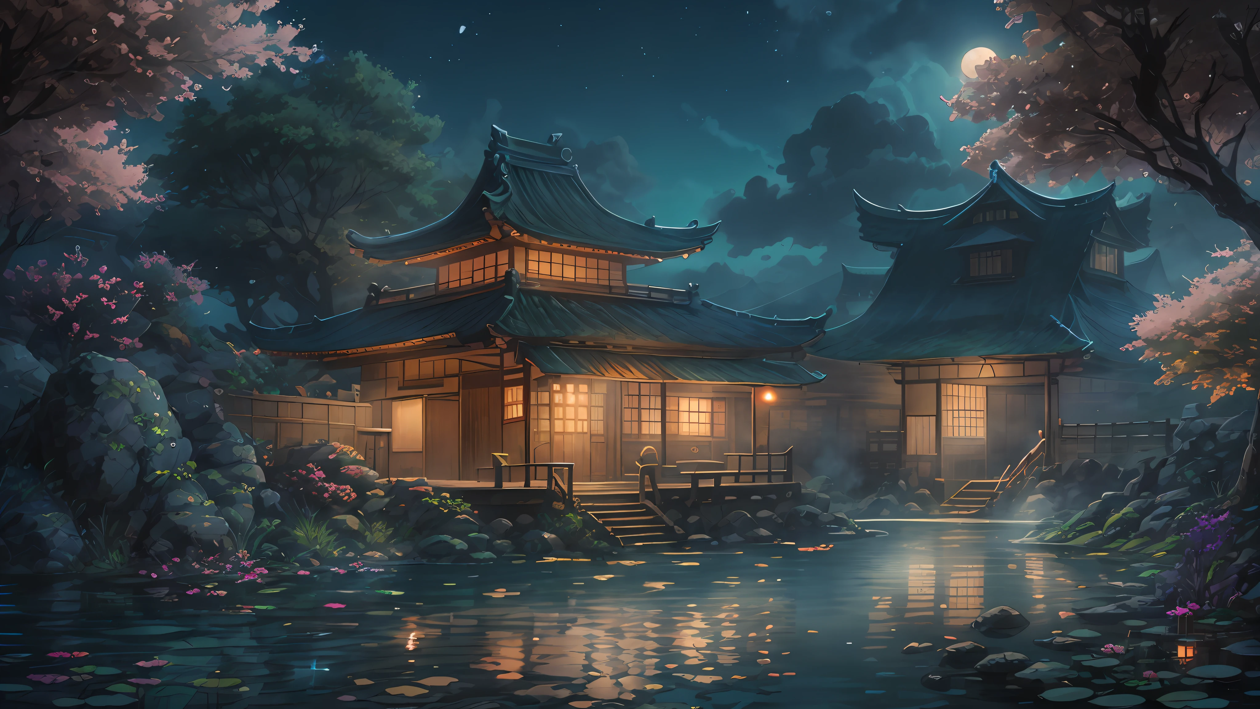 16:9 Full picture,Chinese Ancient Architecture、Hazy moon、the night、trpical garden、bamboos、lakes、stone、Rockery、archs、nooks、Rockery、The tree、flowingwater、scenecy、exteriors、waterfallr、grassy fields、Rochas、water lilies、hot onsen、vapour、(illustratio:1.0)、Epic composition、Detail enhancement,Detail enhancement。Realistic lighting、high definition detail、tmasterpiece、The best quality,(Very detailed CG unified 16k wallpaper),(The best quality)