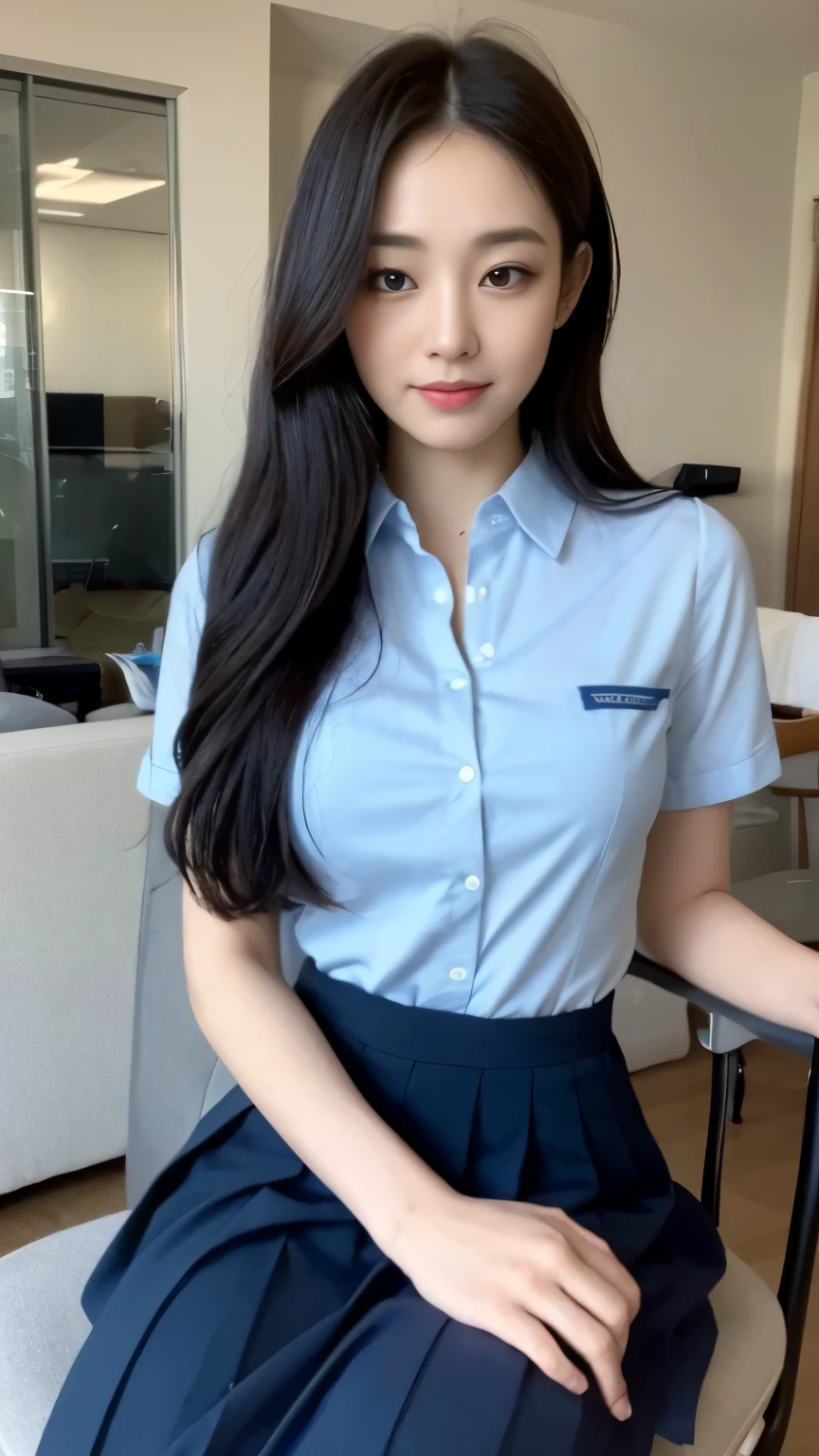 ((top-quality、8k、​masterpiece:1.3))、Beautiful woman with perfect body:1.4、slim abdomen:1.2、Longhair, normal breast, Highly detailed facial and skin texture, A detailed eye, delicate eyes, double eyelid, (smile), (full body shot), ((office)), (sitting on chair), ((wearing blue uniform 1.2)), looking in front