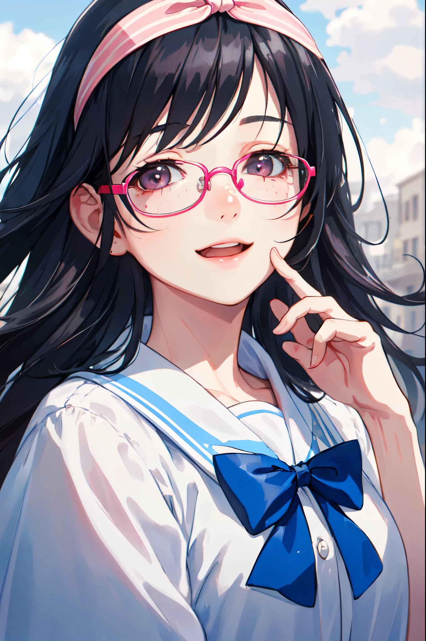 Girl, blue sky and white clouds, wearing silver glasses, happy, happy, reddish cheeks, black hair, wearing pink bow headband, perfect quality, clear focus (clutter - home: 0.8), (masterpiece: 1.2) (Realistic: 1.2) (Bokeh) (Best quality) (Detailed skin: 1.3) (Intricate details) (8K) (Detail eyes) (Sharp focus), (Happy)
