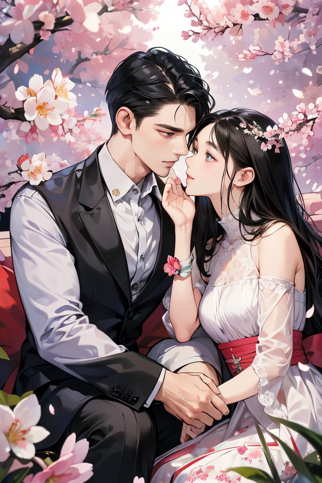 (table top, digital art, digital illustration, 4k, 8k, Super detailed, beautiful images, clear image, realistic, RAW photo, perfect face, perfect lines, perfect eyes, soft lighting) ,1 female, (long black hair,straight hair,bullish look,Beautiful woman,small breastake up well,23 years old,:1.3),Two handsome men in suits, (human,muscular,solid shoulder width, human,boyish hairstyle,English gentleman'Style,A man in his 30s with a cool expression,28 year old man with a bright 笑顔:1.2),Show your white teeth and 笑顔(embarrassing,shy smile:1.1),garden full of light、Squirting、resort sofa、colorful flowers、couple、coupleキス、romance porn、lie down、ハグし合うcouple、look at each other、cherry blossoms、Cherry-blossom viewing