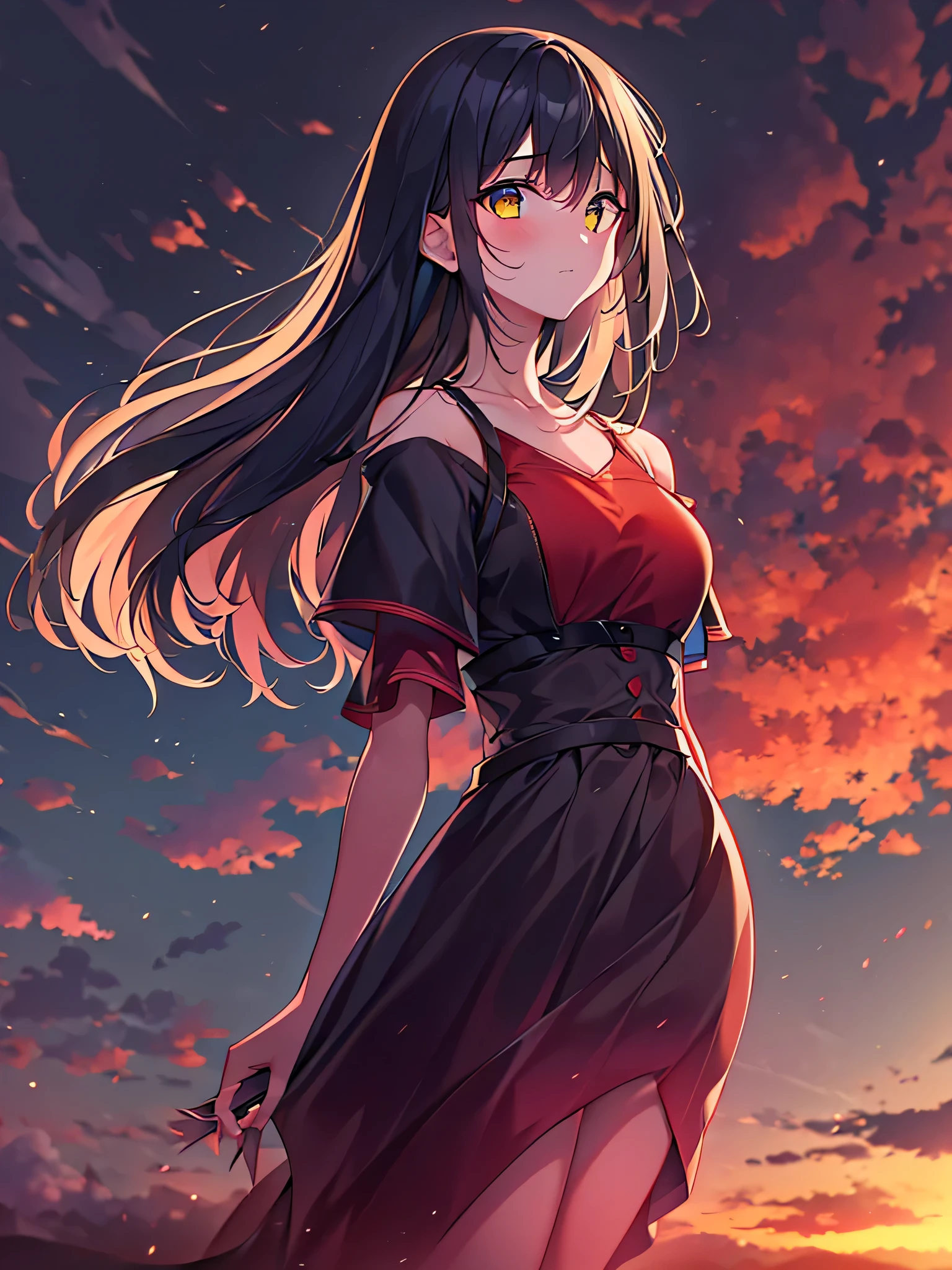 1 girl,best quality, masterpiece, 4k, high resolution,straight hair, black hair,yellow eyes,Red sky,cropped_arms,skirt