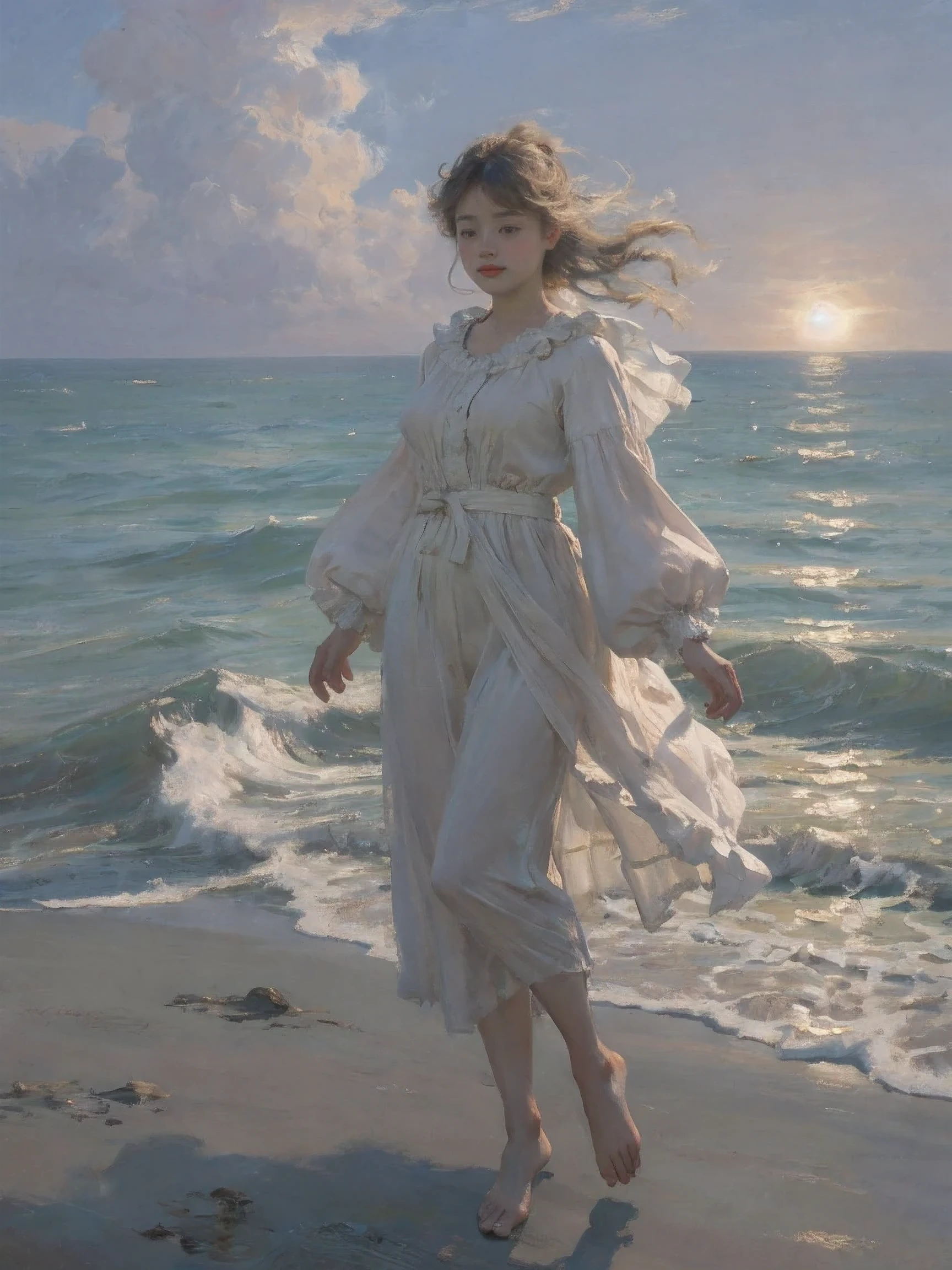 1 girl,Ocean,cloud,wind,sun,1 girl,Ocean,cloud,wind,sun,old,actual ,Rembrandt lamp, 8k, Ultra high quality, hyper-actual, Energetic, 8k, detailed, Ultra-detailed, soothing tone, pastel colors,