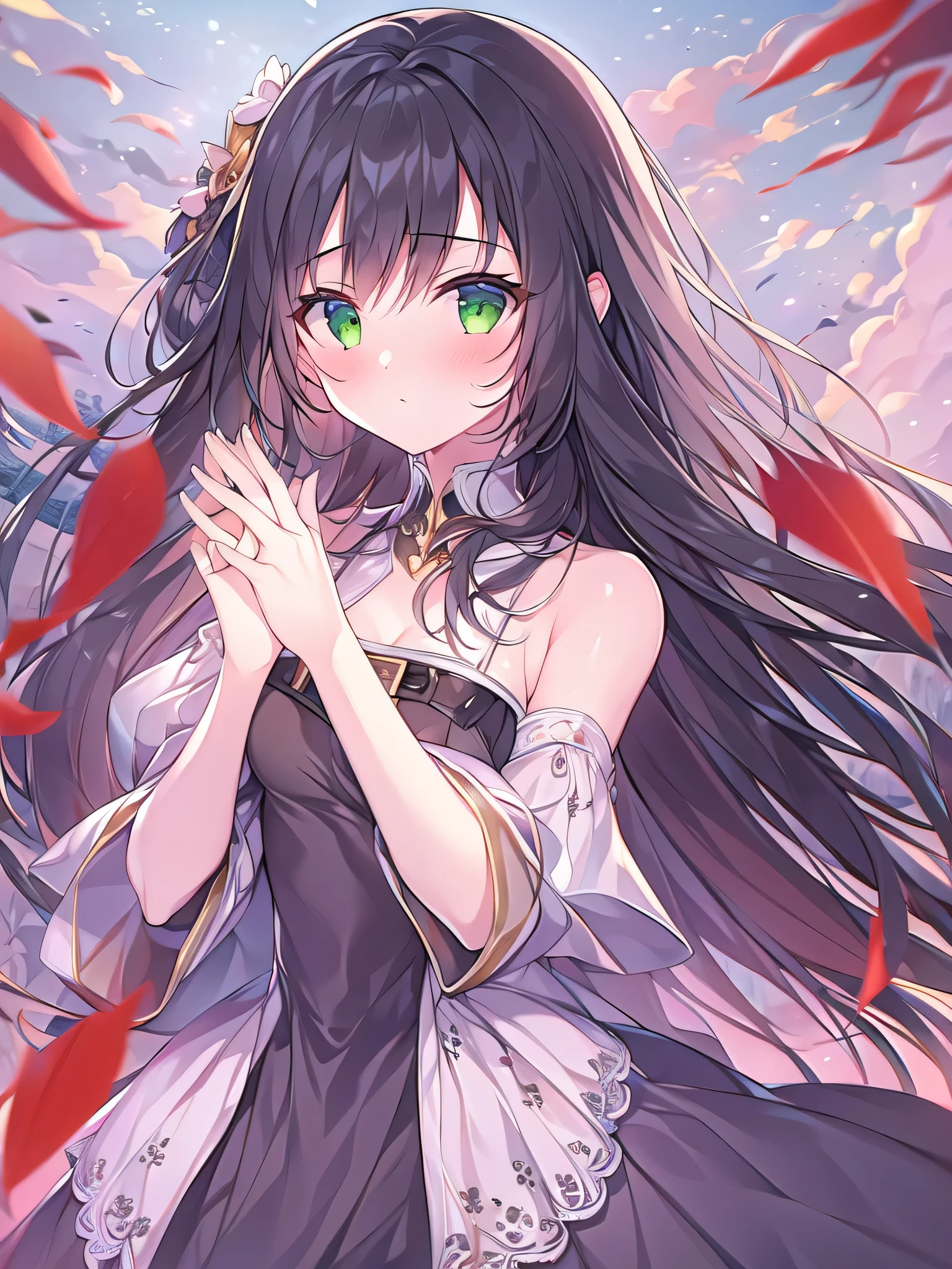 1 girl,best quality, masterpiece, 4k, high resolution,straight hair, black hair,green eyes,Red sky,spread_arms,open hands,skirt