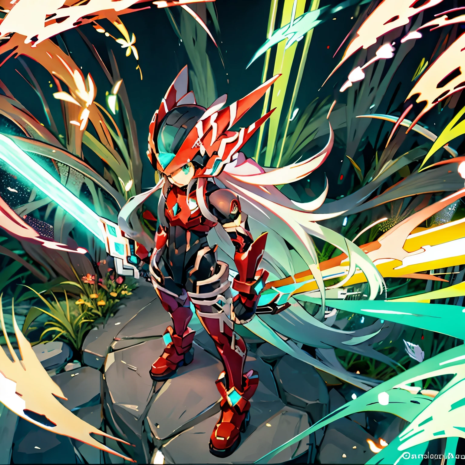 megzeromyth2023, 1boy, long white hair, red armor, green energy sword, 8k, uhd, best quality, masterpiece, intricate, overlooking the ocean on the edge of a rock, in the style of avian-themed, realistic yet stylized, villagecore, azure, orange and azure, dragoncore, aerial view