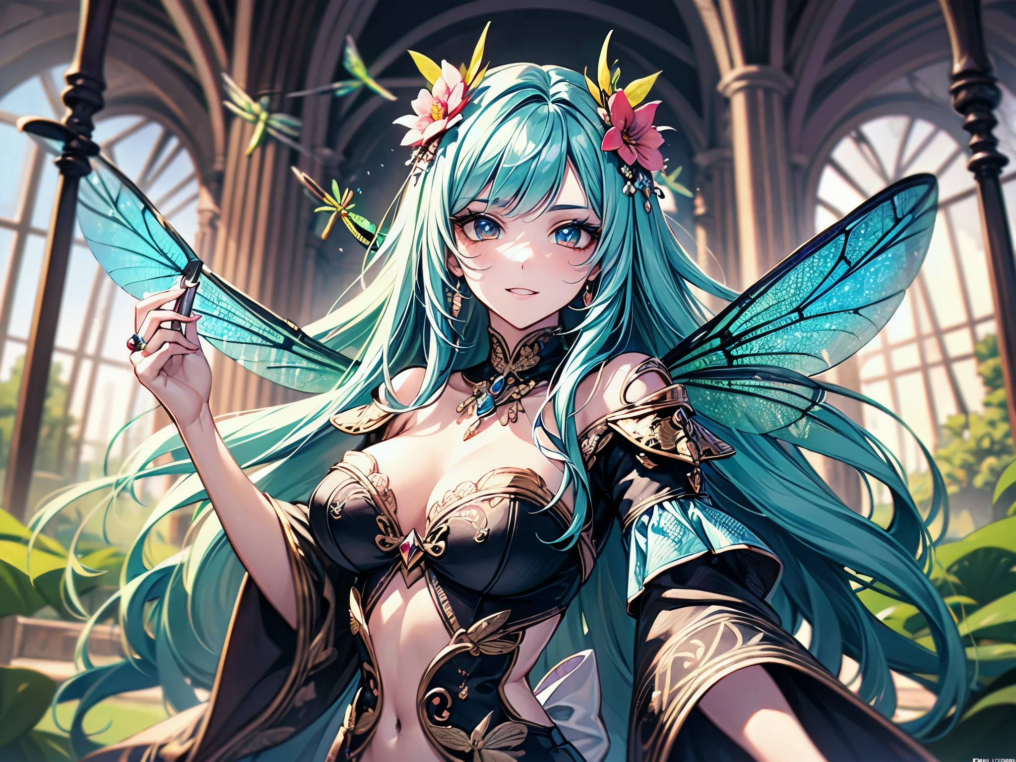 ((highest quality)),(ultra high resolution),(Super detailed),(detailed description),((best CG)),(best work of art),super precision art,amazing drawing art,(Fantasy art with precise details:1.5), (Female Fairy:1.6),(beautiful and well-shaped face:1.5),smile:1.7,(Clothes made of intricately detailed cloth:1.6,ring:1.2),(Dragonfly feathers:1.6),A field of flowers:1.7,soft sunlight:1.8