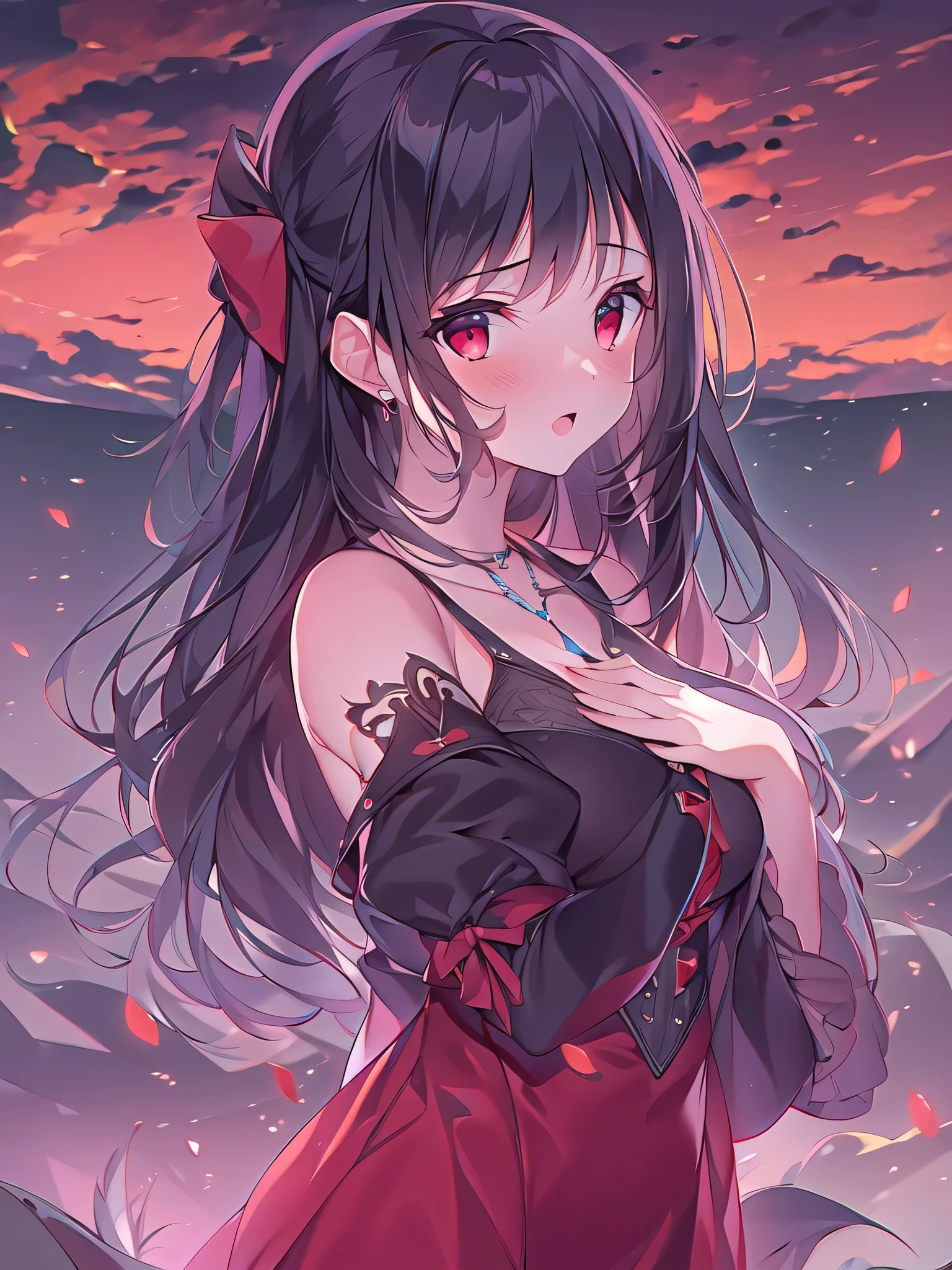 1 girl,best quality, masterpiece, 4k, high resolution,straight hair, black hair,red eyes,Red sky,cropped_arms,skirt