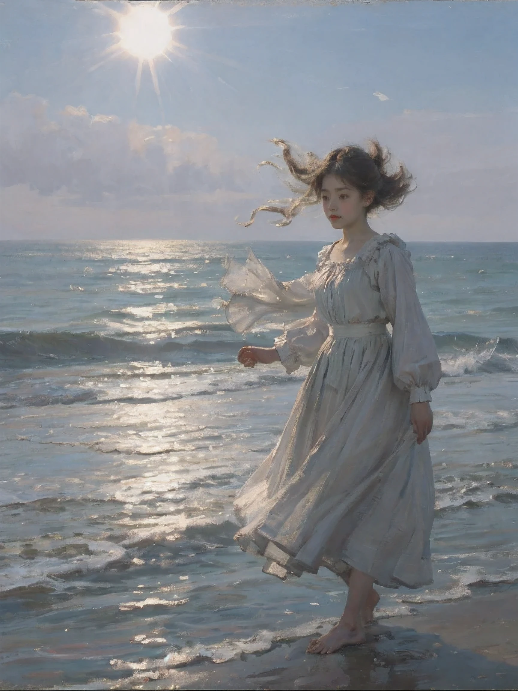 1 girl,Ocean,cloud,wind,sun,1 girl,Ocean,cloud,wind,sun,old,actual ,Rembrandt lamp, 8k, Ultra high quality, hyper-actual, Energetic, 8k, detailed, Ultra-detailed, soothing tone, pastel colors,