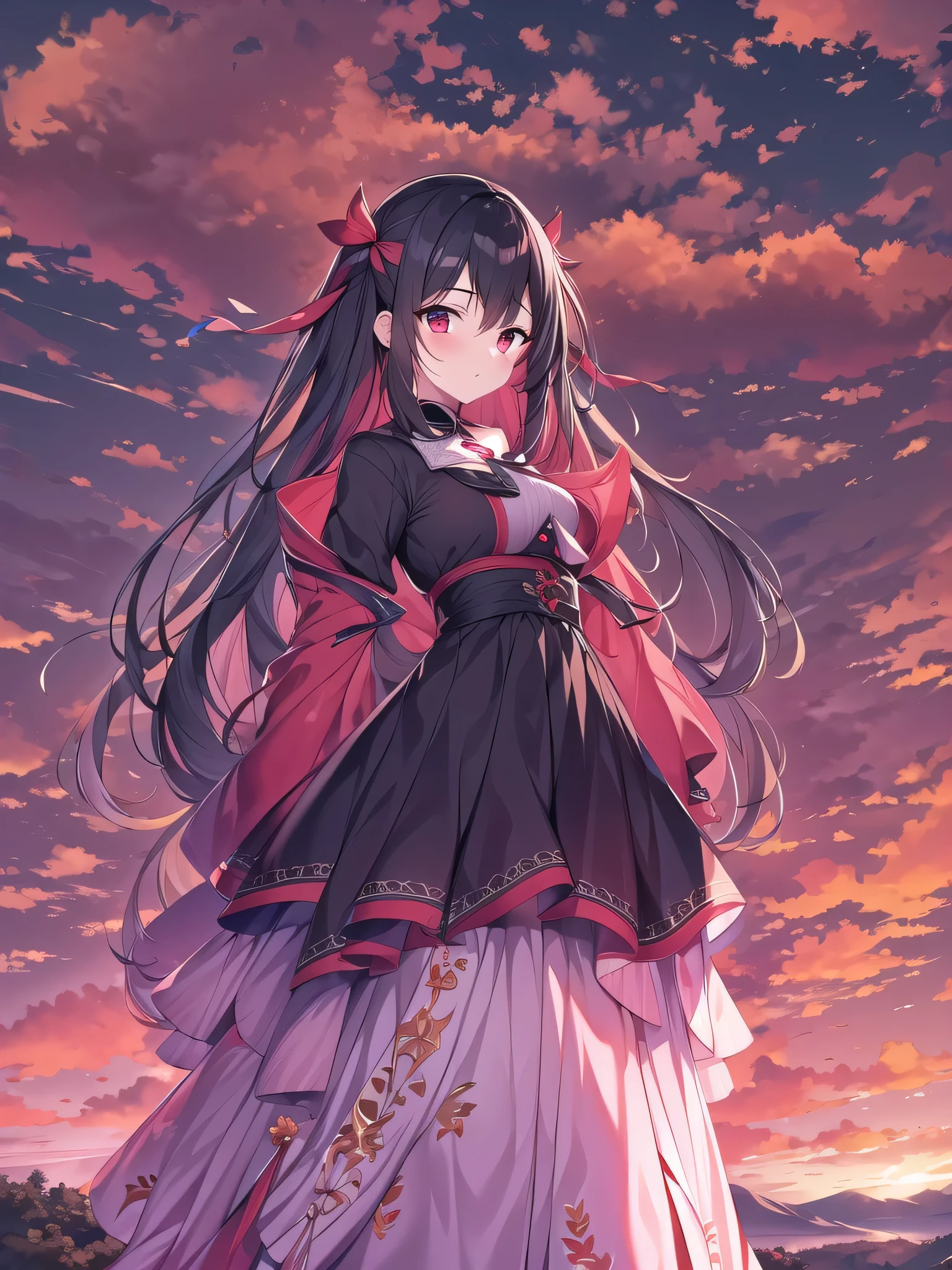 1 girl,best quality, masterpiece, 4k, high resolution,straight hair, black hair,red eyes,Red sky,cropped_arms,skirt