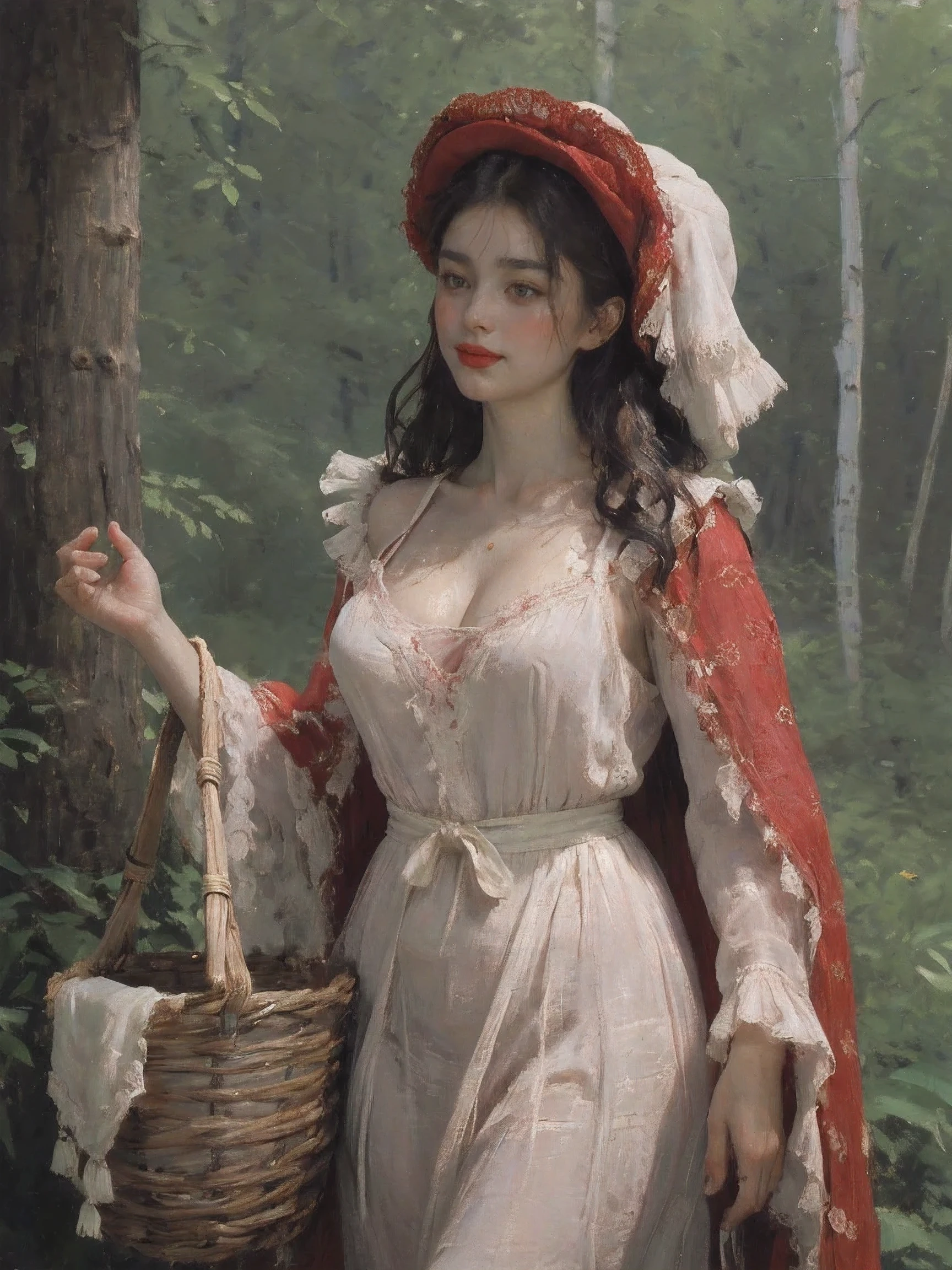 absurd，high resolution，Beauty and the Beast is extremely detailed，little Red Riding Hood，1 girl，1 Giant Tundra Wolf，red shawl，red hood，lace dress，Red Hat, Cloak, Large bra, skirt, red dress，Carrying a basket of fruits，candy house，in the woods，Dark forest，Log cabin with wooden interior，natural lighting, glass jar filled with candy,  whimsical decoration, Sugar carving, 8k, HD, Detailed faces, exquisite eyes，surreal, + Film shooting + dynamic combination, Behemoth female image, slim,medium breasts,sweat,wet hair,(Very delicate and beautiful),Contour deepens, realistically, precise geometry, intricate details, smiling,from bottom to top，small underwear，Large bathrobe， Close-up cleavage,Charming and sexy legs，((Sexual innuendo)),Attractions,(post-impressionism),