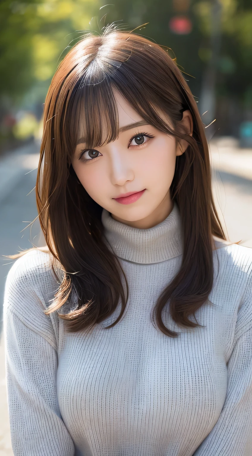 table top, highest quality, shape, Super detailed, finely, High resolution, 8k wallpaper, 完璧なダイナミックな構shape, finelyて美しい目, natural lip, big breasts:1.3, random sexy pose,RAW photo,cute,smile、tight knit、Turtleneck Knitwear、big breastsの膨らみ