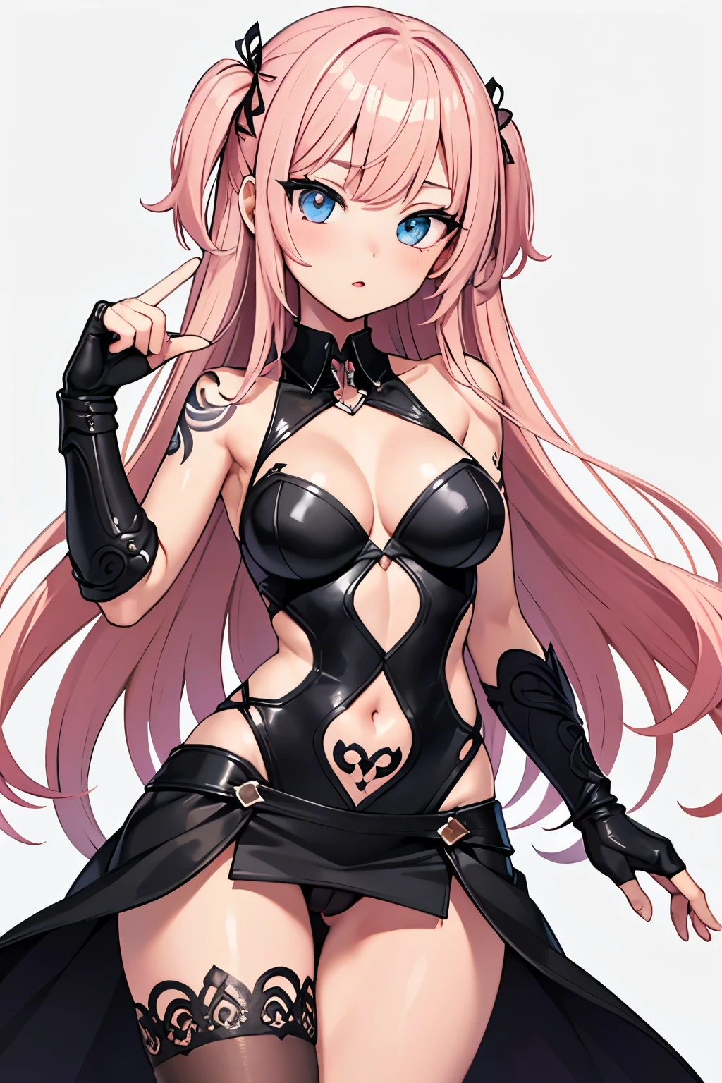 1girl, anime, cute girl, blank background, white background, fantasy, detailed fantasy dress with highlights, beautiful face, beautiful eyes, dark colors, pink hair with some streaks of blue strands, different color pupil in eye, medium small breasts (slightly big), slight cleavage, beautiful skin, cute, breast curtains, extremely delicate and beautiful, (beautiful detailed face:1.0), (detailed deep eyes), symmetrical breasts, deep eyes, shiny skin, portrait, slender waist, hips wider than shoulders, thighs, expressionless, young girl, luminous eyes, adorable,(Kpop idol),(aegyo sal:1),(Platinum blonde hair:1),((puffy eye)),Black panty,sexy posture,Superskirt, ultra high resolution,Black collar,slim figure, Abdominal y tattoo, womb tattoo,Tight-fitting leg ring,y tattoo on half-body,Bare skin, Armored hand,Hidden fingertips,Hand covered,Arm covered,Fist covered,{{beautiful detailed fingers}}, tufts of hair, moderate beautiful breast:1.0,
