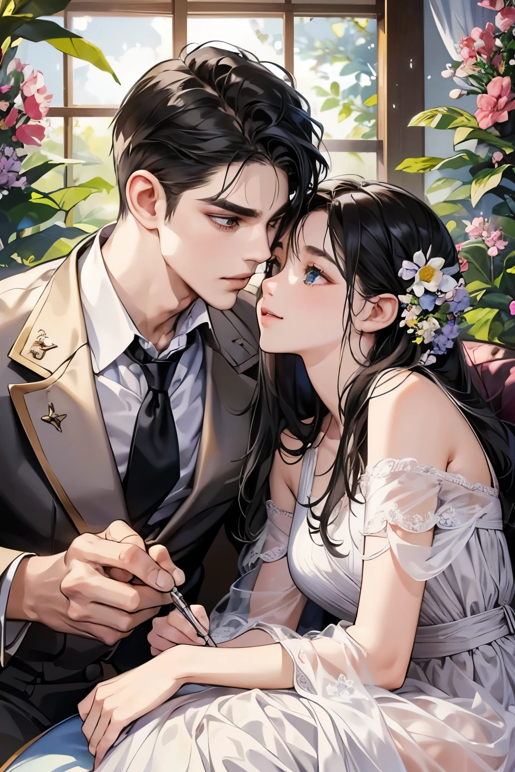 (table top, digital art, digital illustration, 4k, 8k, Super detailed, beautiful images, clear image, realistic, RAW photo, perfect face, perfect lines, perfect eyes, soft lighting) ,1 female, (long black hair,straight hair,bullish look,Beautiful woman,small breastake up well,23 years old,:1.3),Two handsome men in suits, (human,muscular,solid shoulder width, human,boyish hairstyle,English gentleman&#39;Style,A man in his 30s with a cool expression,28 year old man with a bright 笑顔:1.2),Show your white teeth and 笑顔(embarrassing,shy smile:1.1),garden full of light、Squirting、resort sofa、colorful flowers、couple、coupleキス、romance porn、ハグし合うcouple、look at each other、bar、bar、counter
