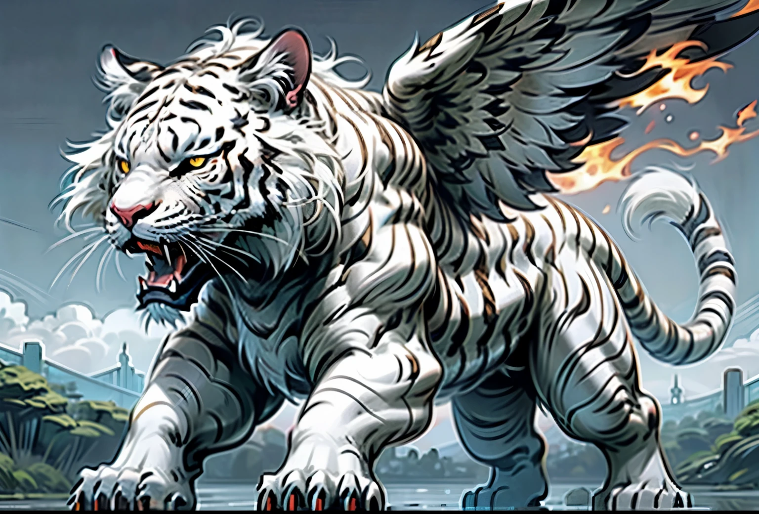 there is a white tiger with wings flying over the water, tiger of fire flying, 4k highly detailed digital art, tiger_beast, fierce expression 4k, white tiger, 4k detailed digital art, amazing wallpaper, tiger, wallpaper 4 k, wallpaper 4k, 8k hd wallpaper digital art, wallpaper hd, high quality hd digital art, hd wallpaper