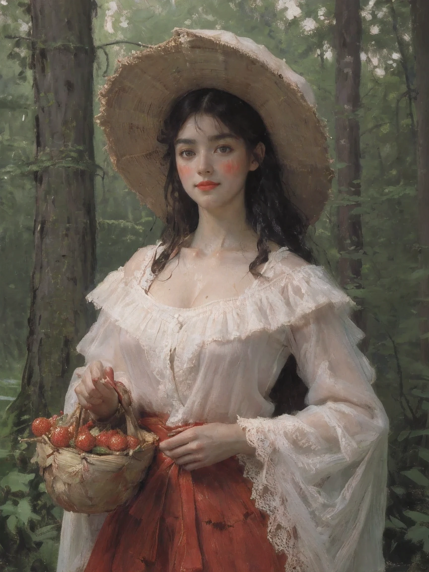 Describe the scene where the girl in red meets the wolf，(((white wolf)))，Quiet and harmonious atmosphere，drama composition，warm color palette，many colors，correct anatomy，Detailed faces, delicate eyes，（Girls wear：red shawl，Red Hat，lace dress，Red Hat, cloak, Big is better, skirt, red dress，Carrying a basket of fruits），background with：lure，natural lighting, candy house，Fairy tale world，Close-up cleavage，sexy legs，（（Two full legs）），((Sexual innuendo))，correct anatomy，Detailed face, delicate eyes，(post-impressionism),(费钦painting - 费钦painting , painting), 01