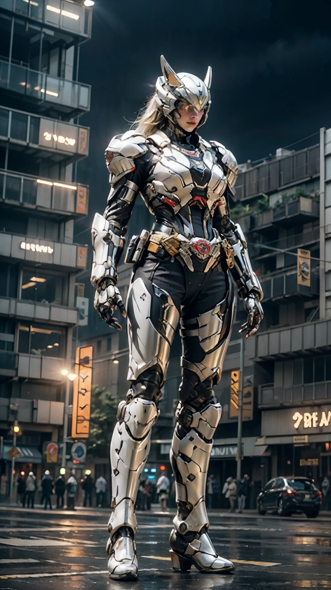 A woman adorned in fantasy-style full-body armor, a crown-concept fully enclosed helmet that unveils only her eyes, a composite layered chest plate, fully encompassing shoulder and hand guards, a lightweight waist armor, form-fitting shin guards, the overall design is heavy-duty yet flexible, ((the armor gleams with a silver glow, complemented by red and white accents)), exhibiting a noble aura, she floats above the Futuristic city, this character embodies a finely crafted fantasy-surreal style armored hero in anime style, exquisite and mature manga art style, (Wolf concept Armor, photorealistic:1.4, real texture material:1.2), ((city night view, European, elegant, goddess, femminine:1.5)), metallic, high definition, best quality, highres, ultra-detailed, ultra-fine painting, extremely delicate, professional, anatomically correct, symmetrical face, extremely detailed eyes and face, high quality eyes, creativity, RAW photo, UHD, 32k, Natural light, cinematic lighting, masterpiece-anatomy-perfect, masterpiece:1.5