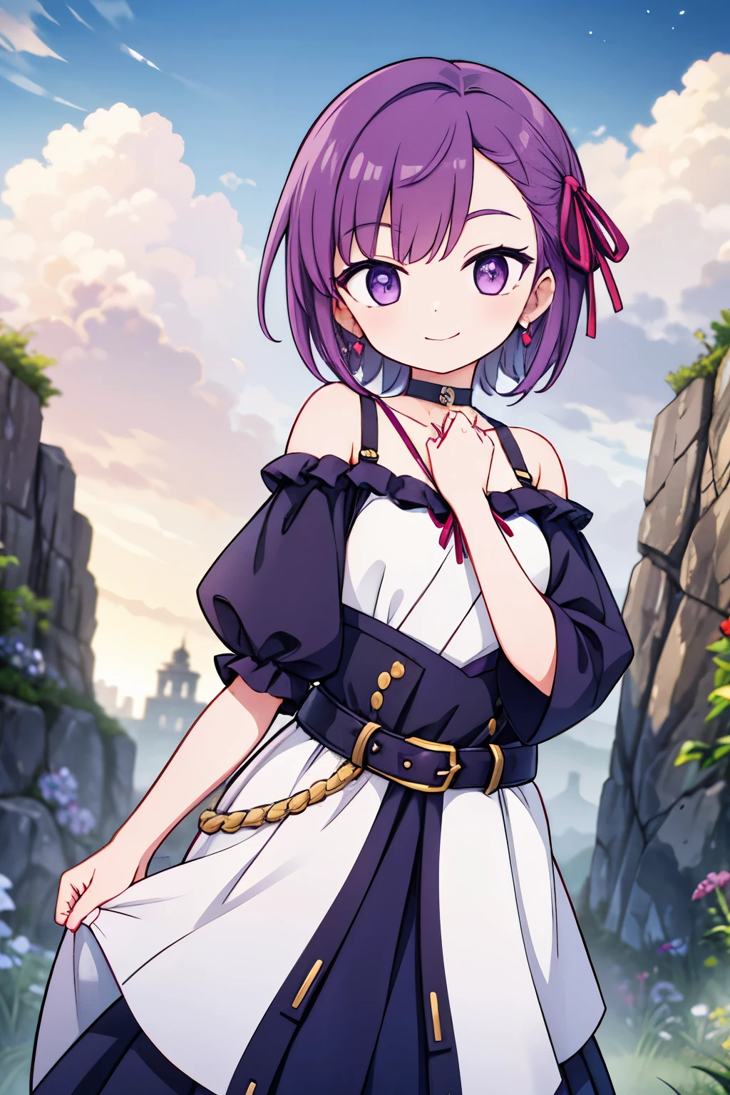 kisho, jigokuraku, 1 girl, purple hair, hair ribbon, fantasy world, ruins, fort, beautiful sky, shining sky, sunshine, smiling, waving, belt, choker, wind blowing dress, lace dress, earrings, off-shoulder sleeves