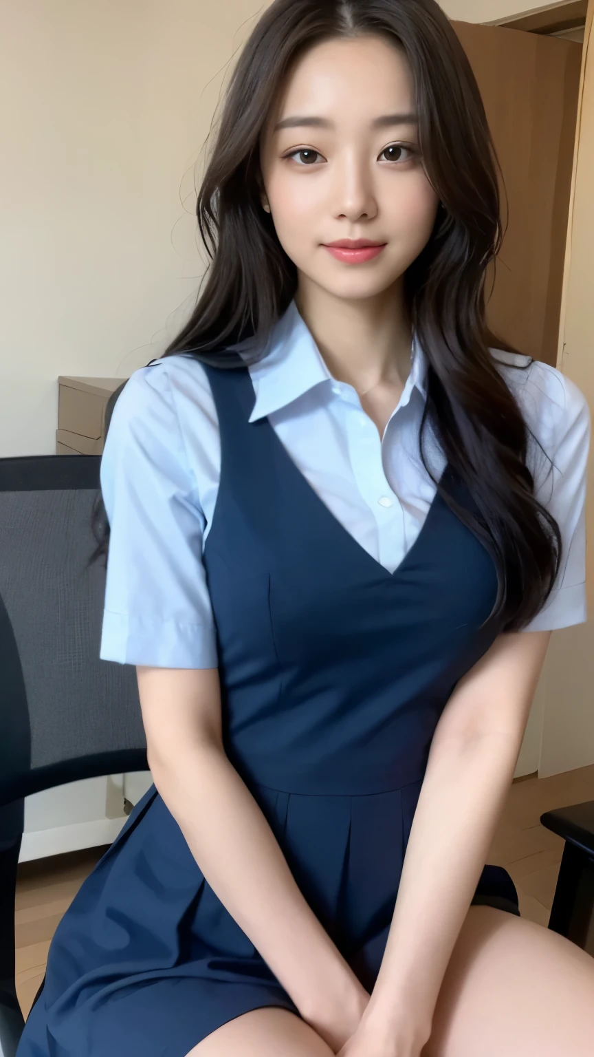 ((top-quality、8k、​masterpiece:1.3))、Beautiful woman with perfect body:1.4、slim abdomen:1.2、Longhair, normal breast, Highly detailed facial and skin texture, A detailed eye, delicate eyes, double eyelid, (smile), (full body shot), ((office)), (sitting on chair), ((wearing blue uniform 1.2)), looking in front