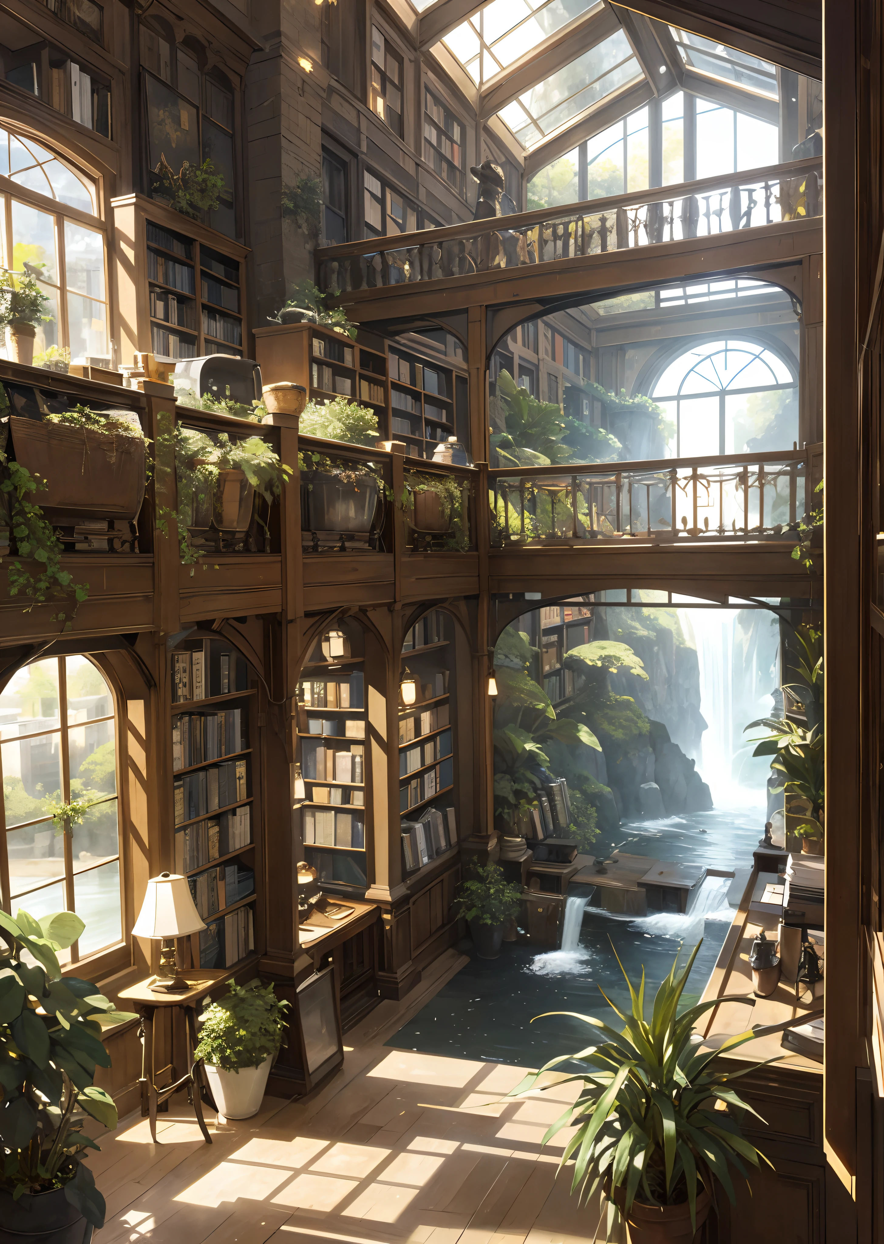 interior design of old book store, with coffee machine, realistic, 8k,atlibrary、very extremely beautiful、Background with、opulent、Up composition,nature,illustration, original, extremely detailed wallpaper, window, scenery, plant, water, potted plant,river, water, waterfall, lake