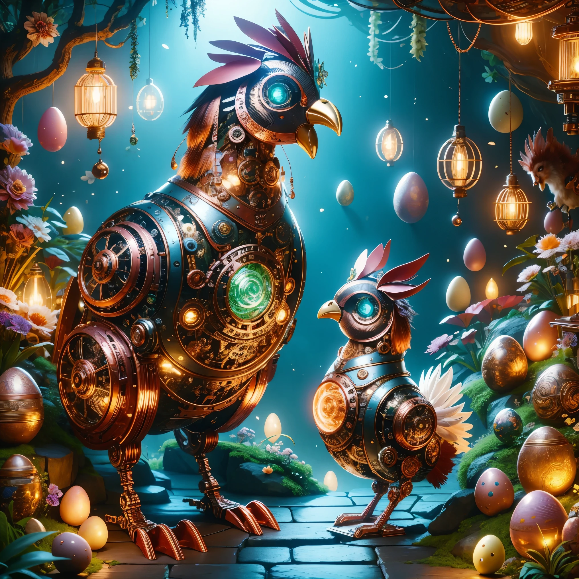 A cute mechanical Rooster，Its body is made of exquisite copper and silver parts。Its eyes are like two glowing gems，transparent，Under the illumination of neon lights，Create a sparkling effect together with high-precision mechanical components。Surrounded by exotic plants and Easter eggs，Create a mysterious and fantasy atmosphere。The scene combines traditional themes with a futuristic steampunk style，Showcasing Rooster&#39;s intricate designs and magical garden settings。