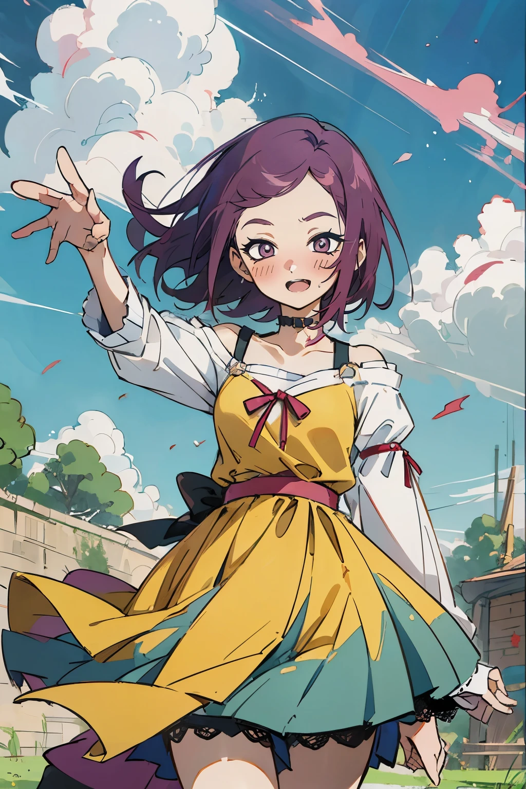 Kisho, jigokuraku, 1 girl, reddish Purple hair, Gray eyes, showa town, Ruins, Bang, Beautiful sky, shining sky, Sunshine, Smiling, Waving, Black Belts, black choker, Dresses that blow the wind, black Lace dress, wool sweaters, Off-shoulder sleeves