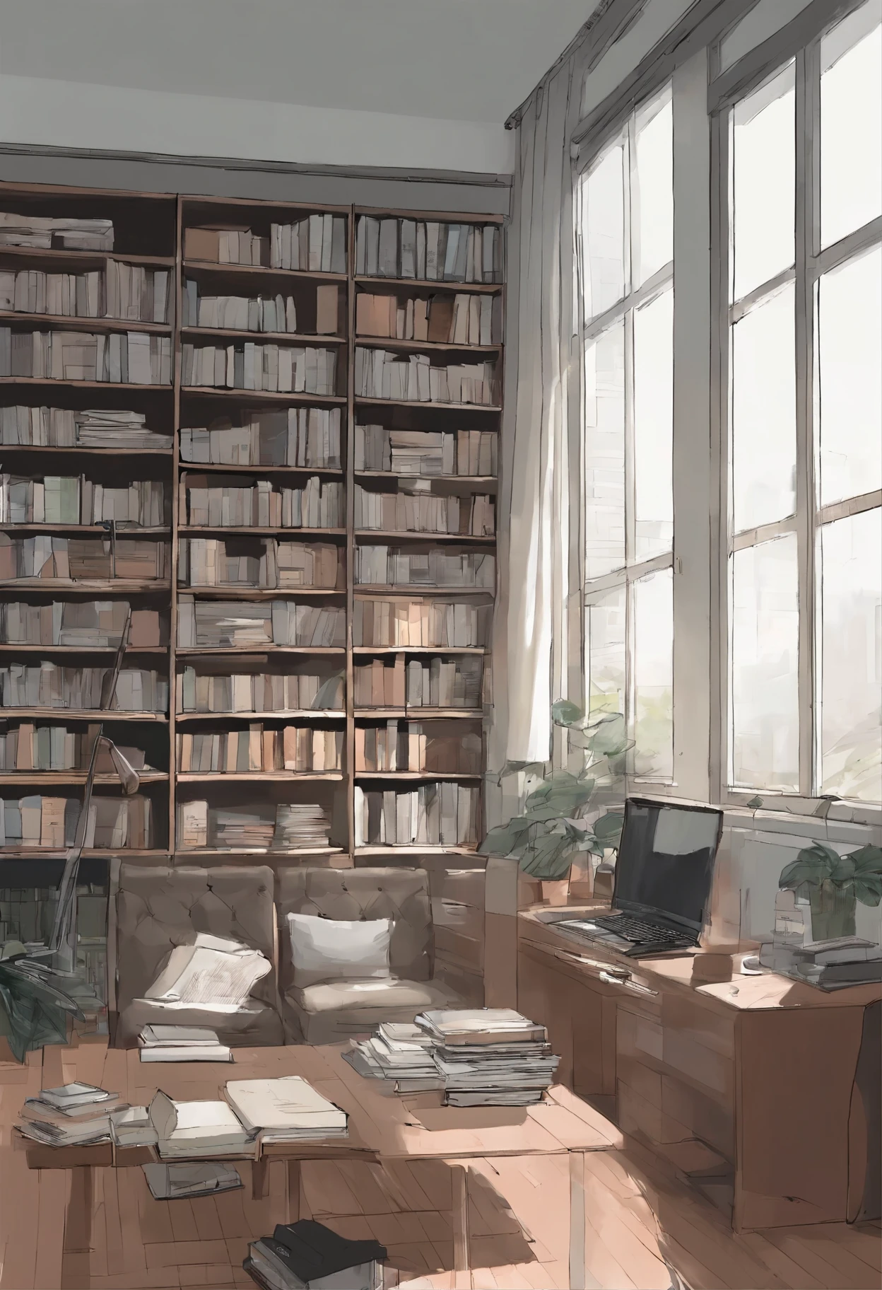 Ten Thousand Years Pen、coffee、girl、leather chair、machine、study、window、large amount of books、Book Tower、gothic style、lolita clothes、gray hair、bookshelf、evening、windowからの光