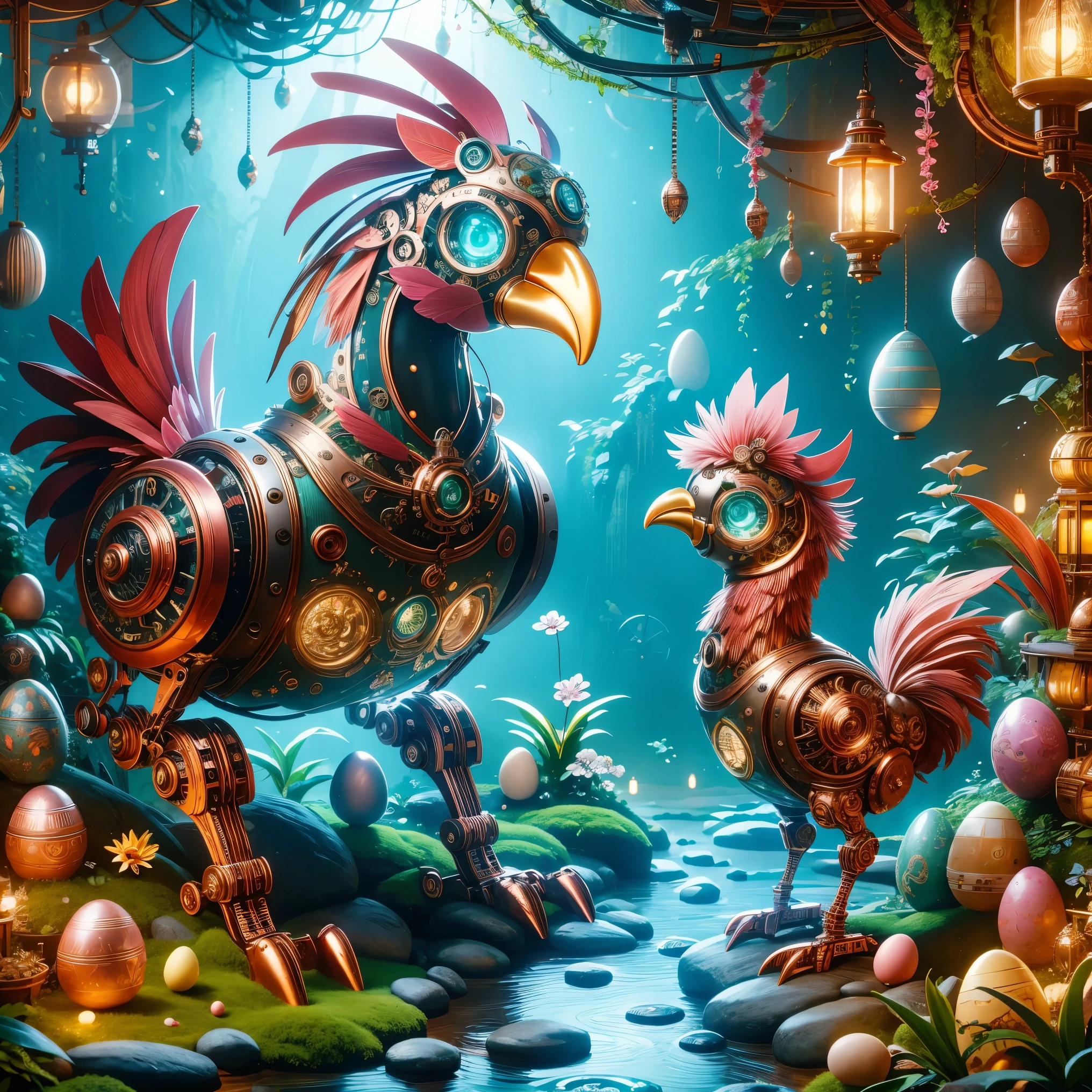 A cute mechanical Rooster，Its body is made of exquisite copper and silver parts。Its eyes are like two glowing gems，transparent，Under the illumination of neon lights，Create a sparkling effect together with high-precision mechanical components。Surrounded by exotic plants and Easter eggs，Create a mysterious and fantasy atmosphere。The scene combines traditional themes with a futuristic steampunk style，Showcasing Rooster&#39;s intricate designs and magical garden settings。