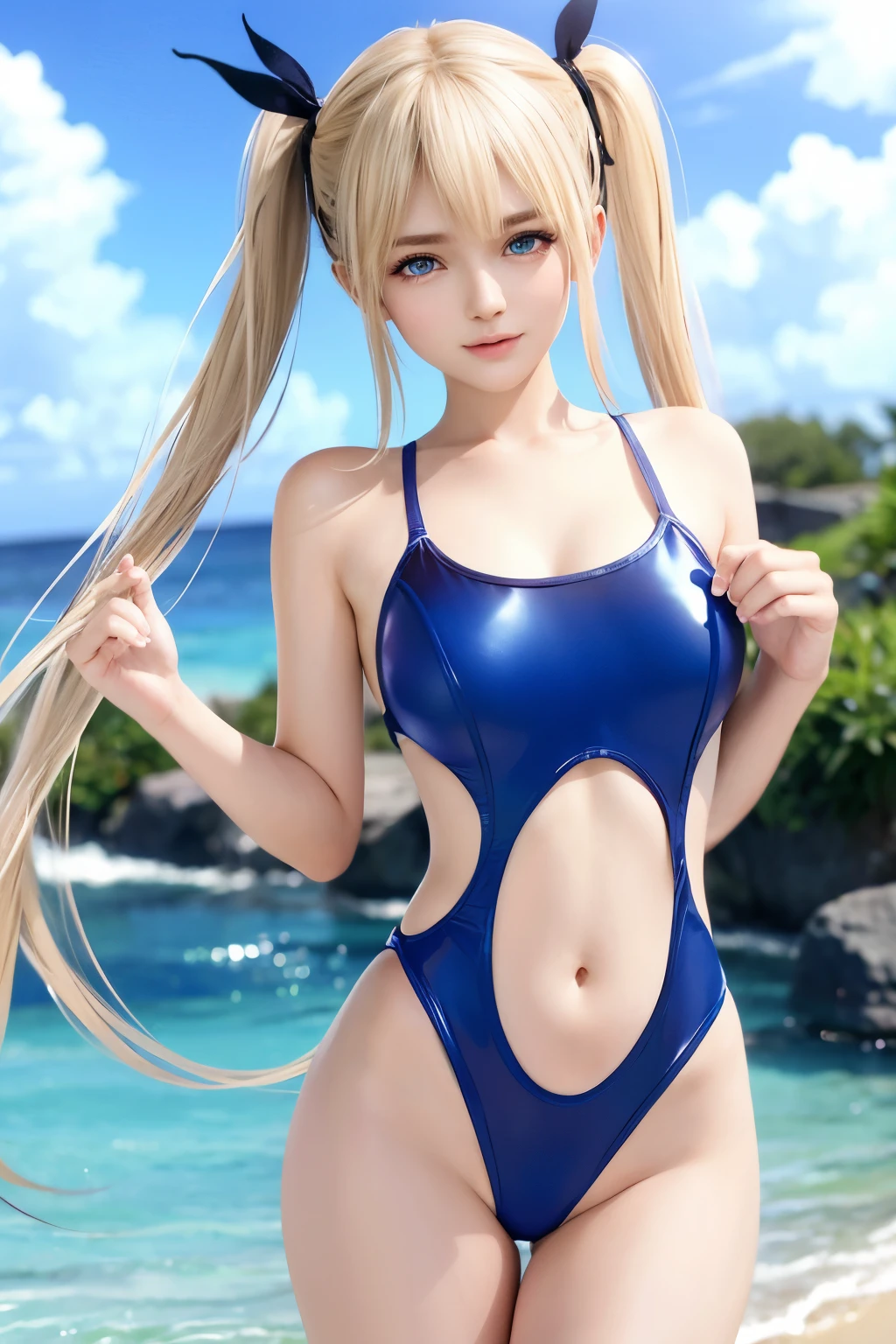 Portrait、blue school swimsuit、blue competitive swimsuit、bright look、twin tails、young shiny glossy white shiny skin、best looks、blonde reflection、Platinum blonde hair with dazzling highlights、shiny bright hair,、Super long straight hair、Shining beautiful bangs、Sparkling crystal clear charming big blue eyes、Very beautiful and lovely cute girl、poor bust、model legs、Show the whole body、clothes are not shiny