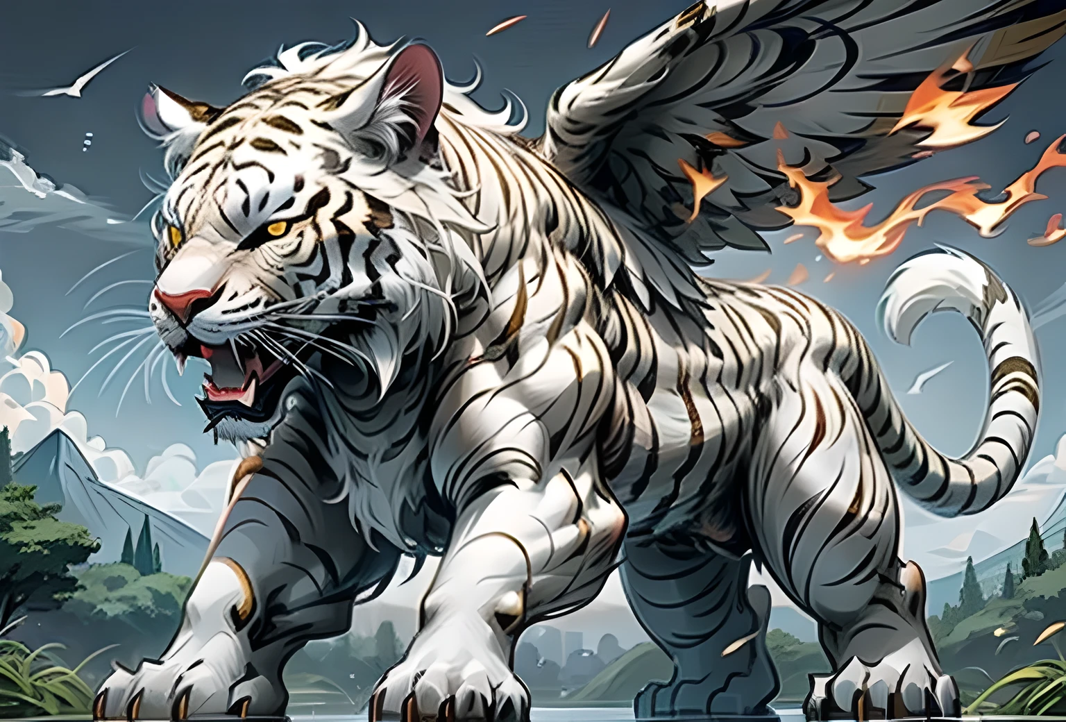 there is a white tiger with wings flying over the water, tiger of fire flying, 4k highly detailed digital art, tiger_beast, fierce expression 4k, white tiger, 4k detailed digital art, amazing wallpaper, tiger, wallpaper 4 k, wallpaper 4k, 8k hd wallpaper digital art, wallpaper hd, high quality hd digital art, hd wallpaper