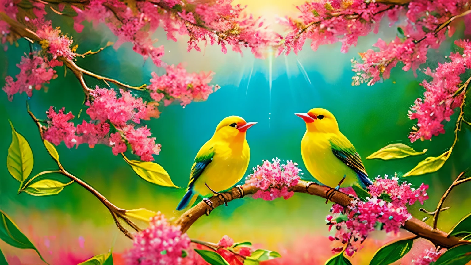 The melodic trill of colorful songbirds, their sweet symphony echoing through the tranquil morning air. A breathtaking painting captures the scene: vibrant feathers in hues of gold and crimson, delicate beaks open in song, and twinkling eyes alive with joy. This masterful artwork evokes a sense of peace and harmony, inviting viewers to immerse themselves in the beauty of nature's chorus.